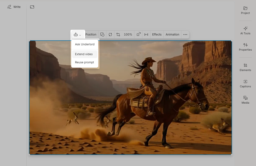 The hover toolbar in Descript with the Extend video option selected