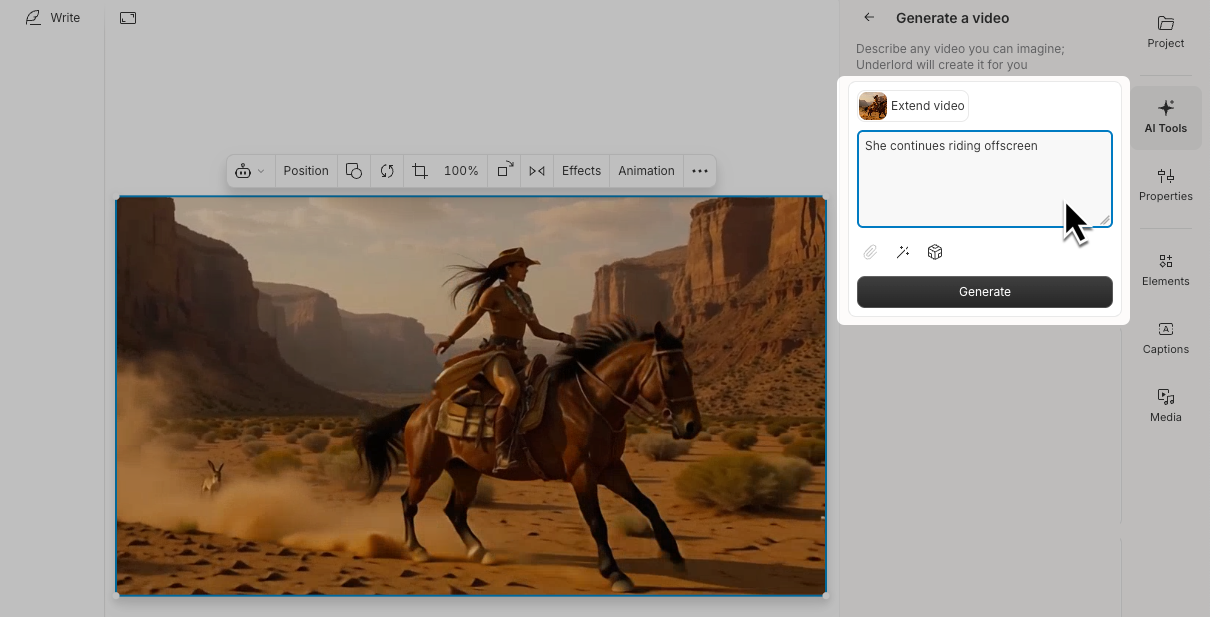 The 'Generate a video' prompt pane in Descript, where users describe what should happen in the extension