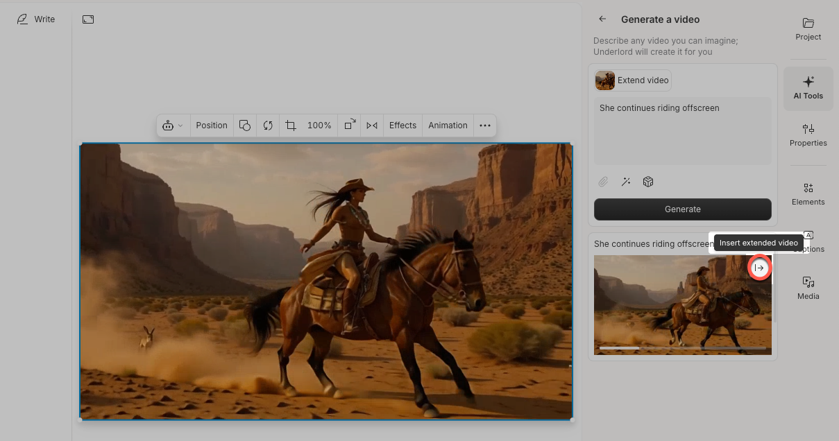 The Descript sidebar showing a generated extension clip with an Insert button