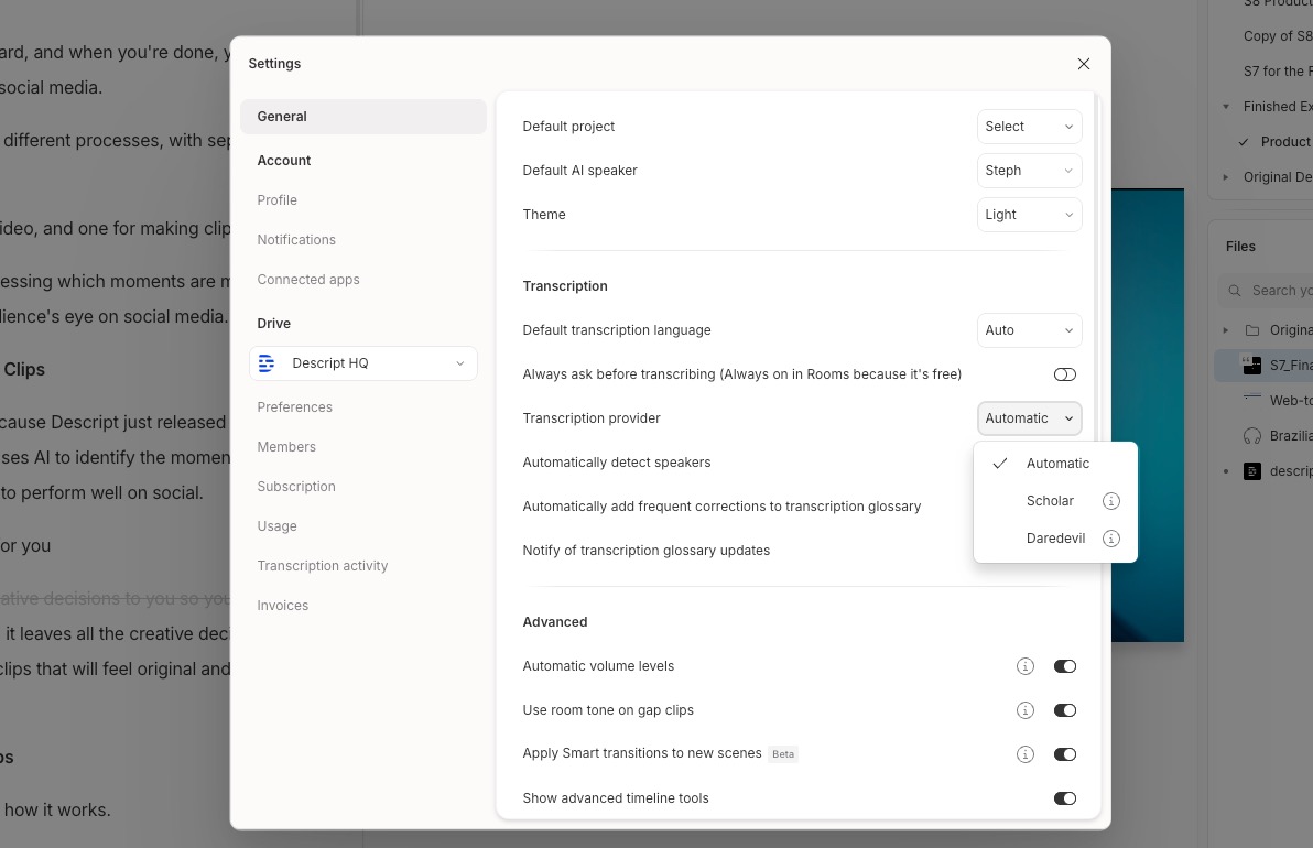 App Settings panel showing the Transcription provider dropdown in Descript