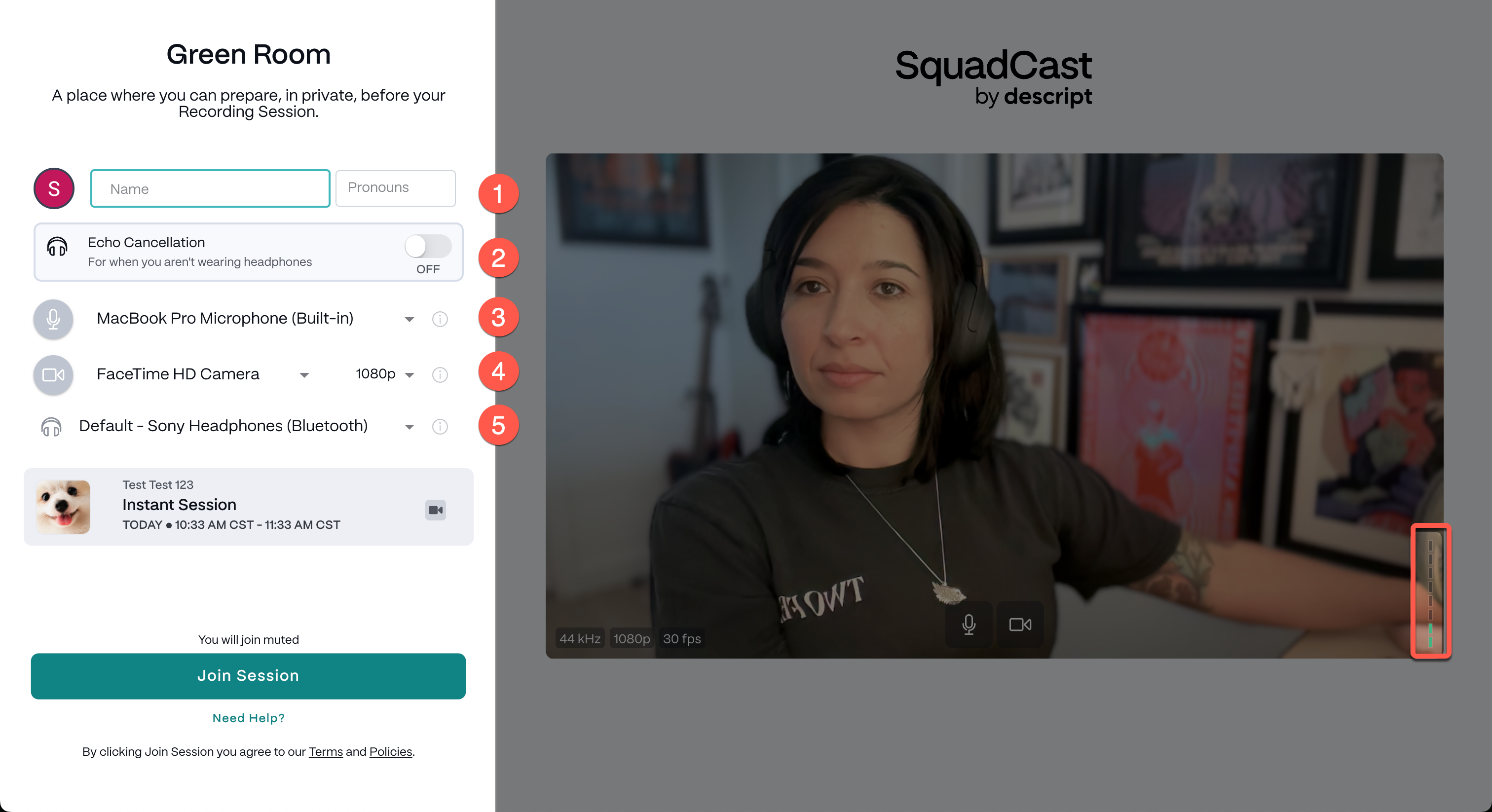 Green Room setup in SquadCast before joining a session