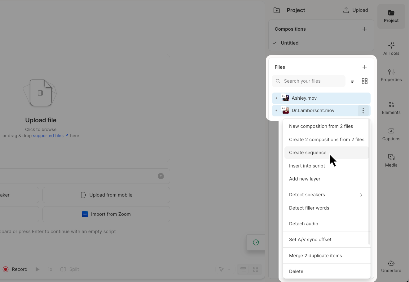 Right-click to create a sequence from selected project files