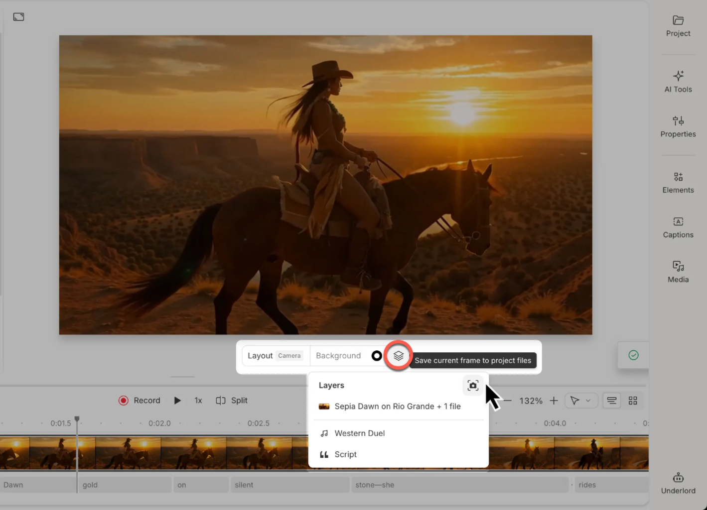Save current frame button in the scene toolbar