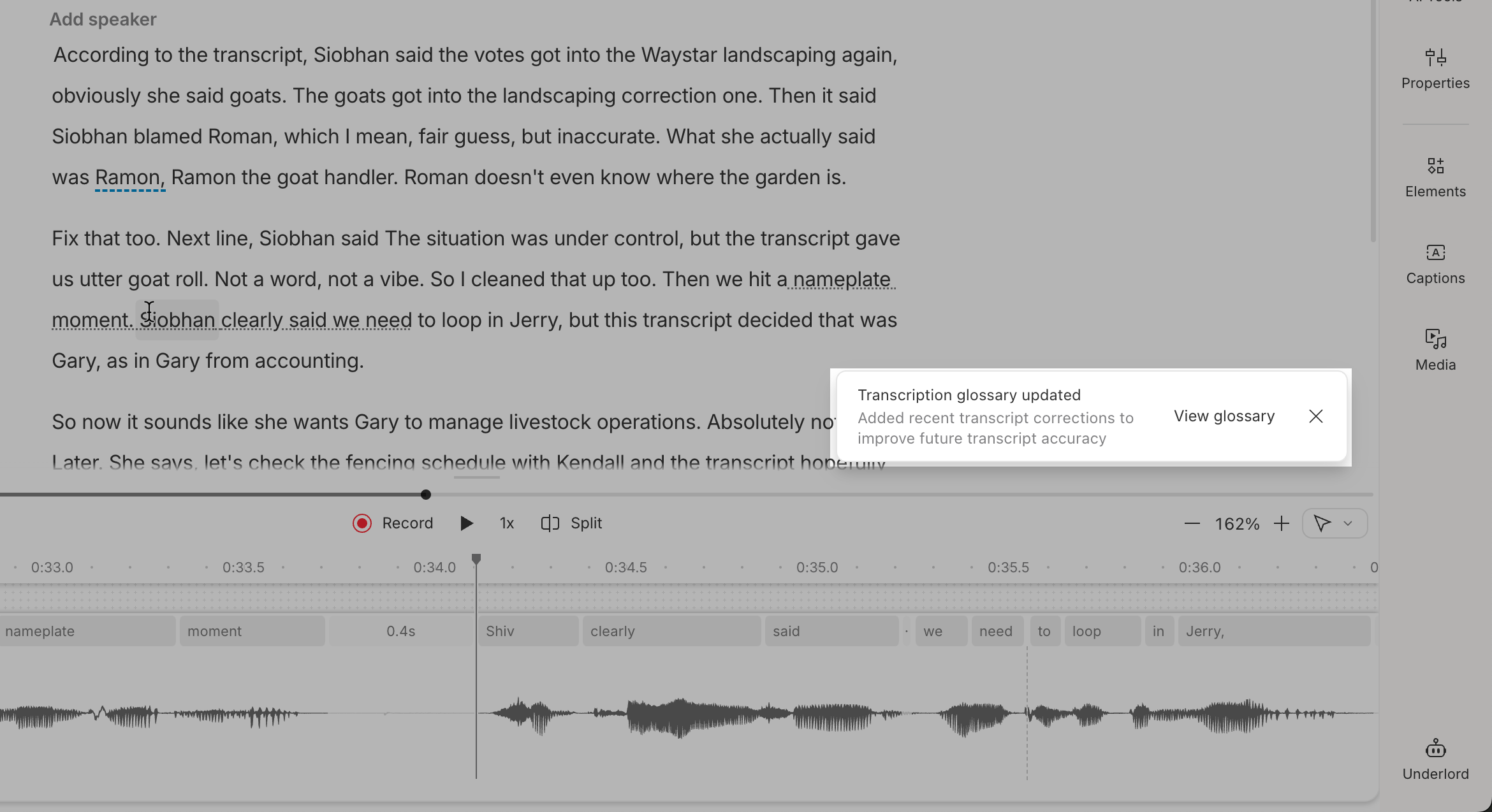 Notification banner in Descript confirming a new glossary term was added automatically