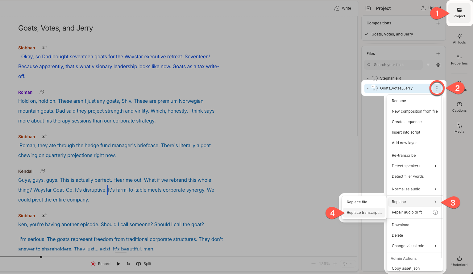 Replace transcript dialog in Descript with a text box to paste your transcript