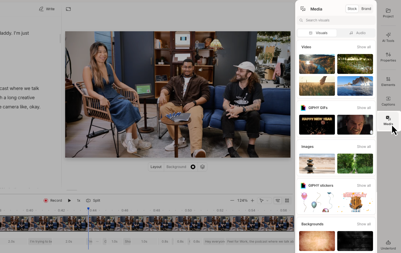 The Media panel in the Descript editor