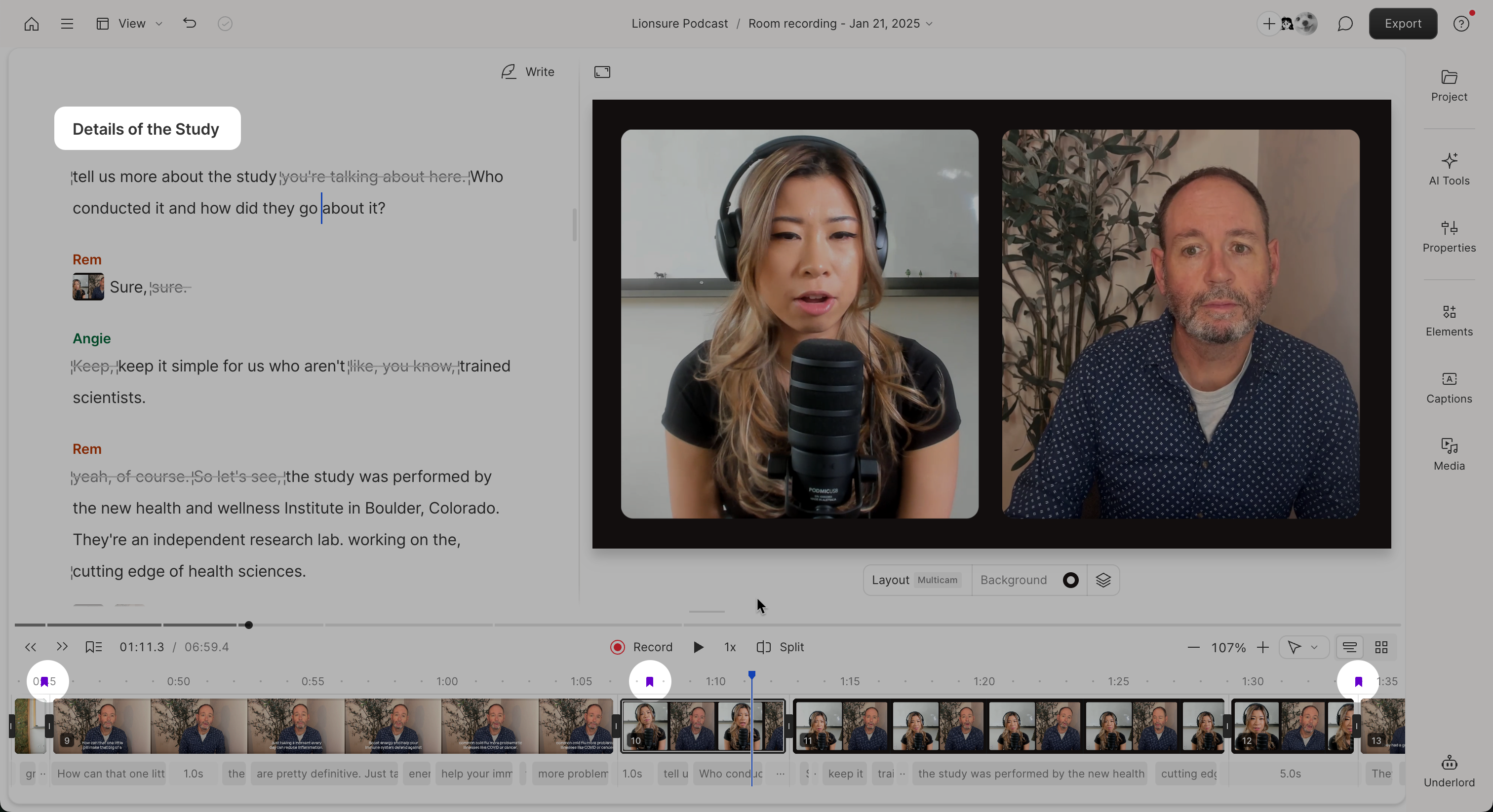 Markers shown in the script and timeline