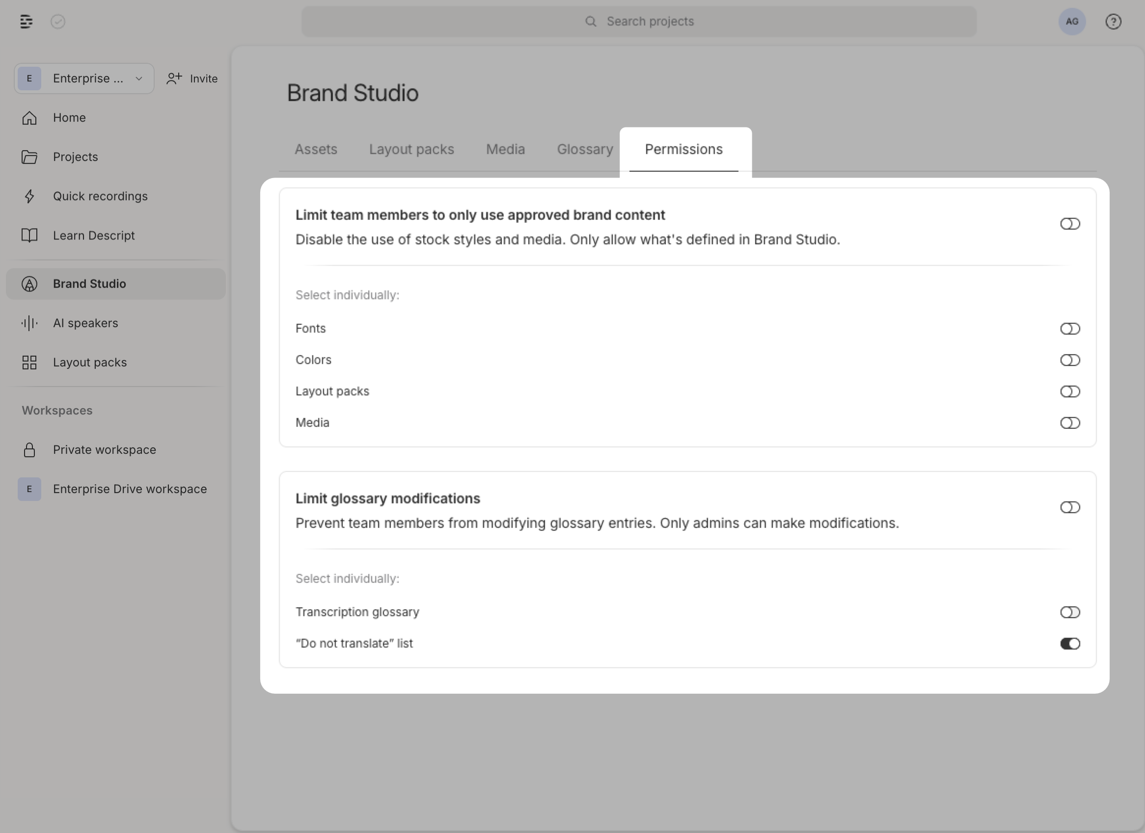 Brand Studio permissions settings window