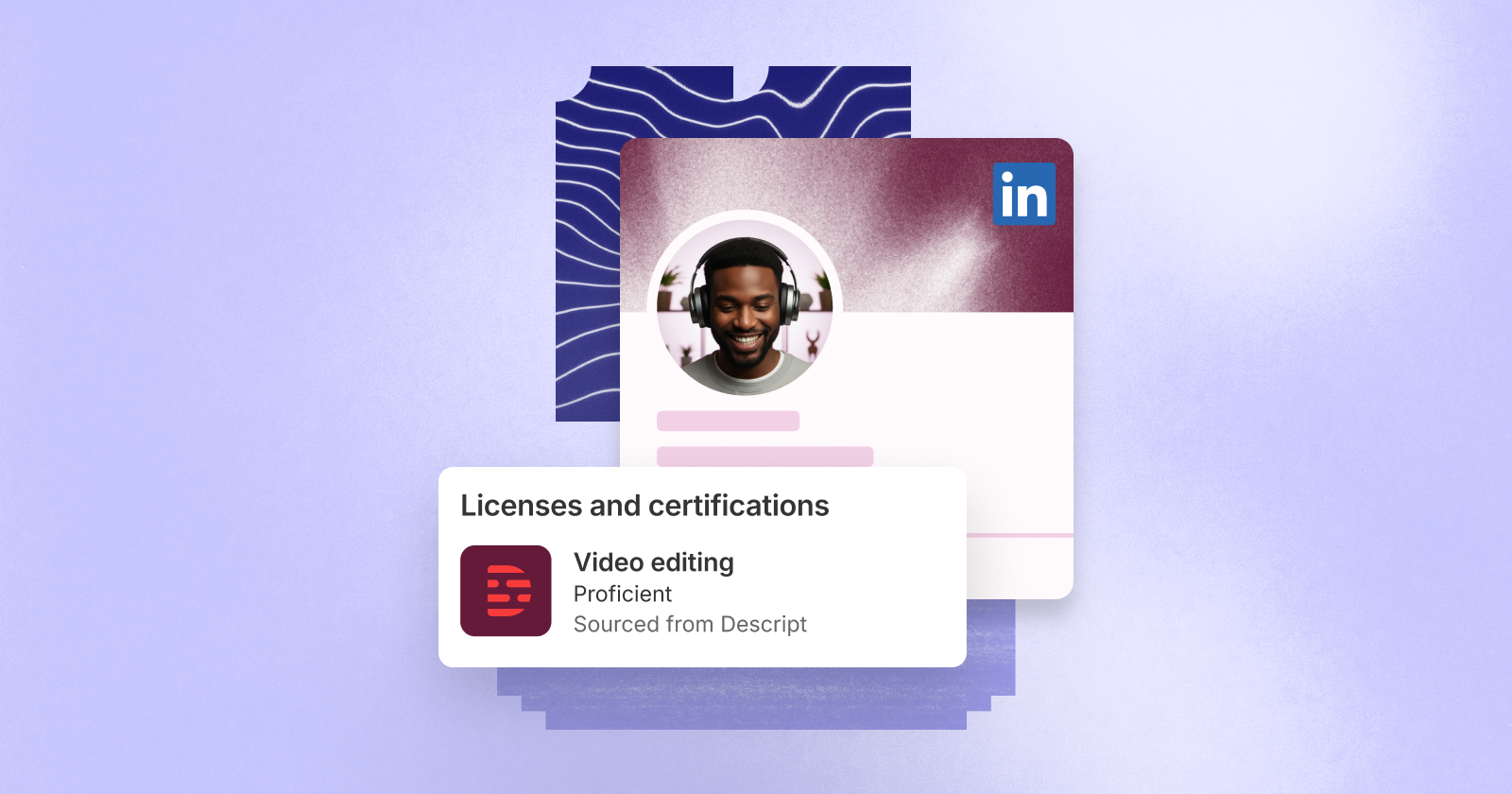 LinkedIn certification badge preview showing Descript verified skill badge