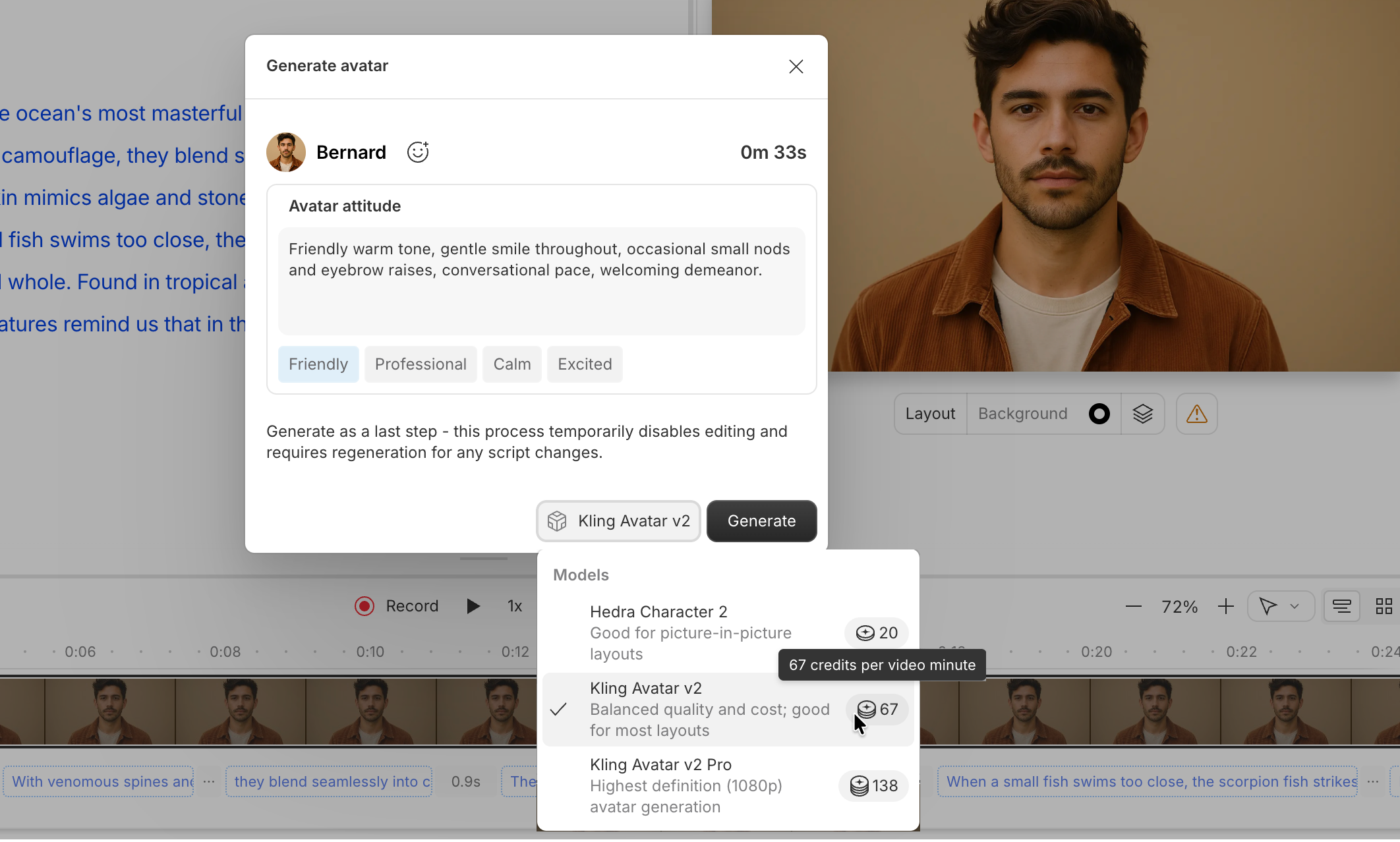 The generate avatar modal in Descript, with the avatar attitude prompt and the Kling Avatar v2 model selected