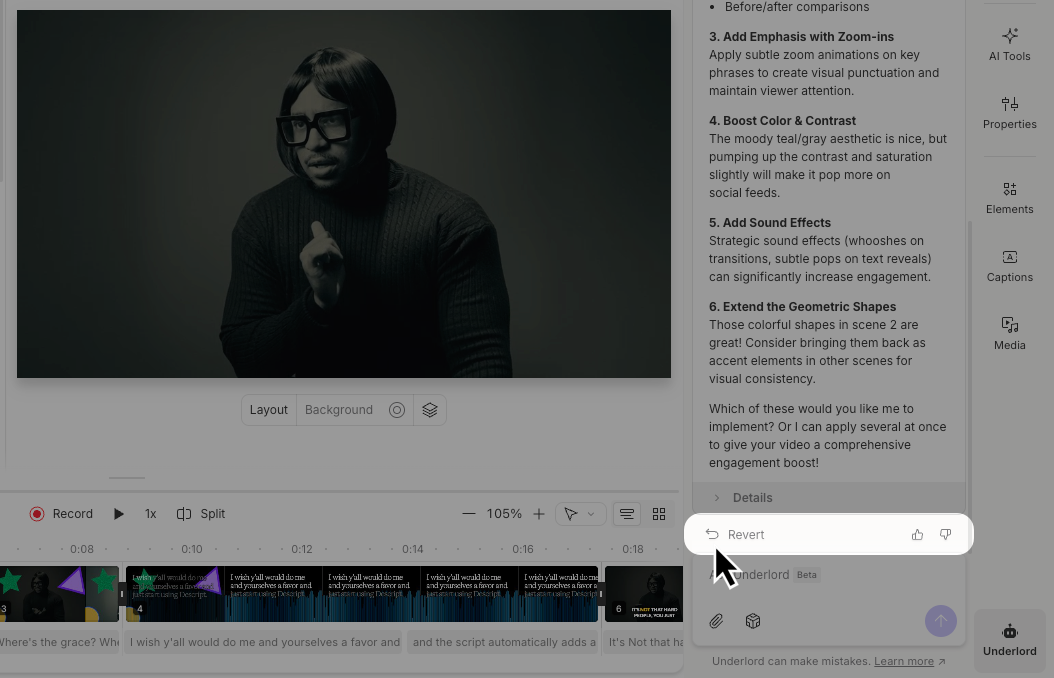 The Underlord side panel open in the Descript Editor, with the Revert, thumbs up, and thumbs down buttons highlighted.