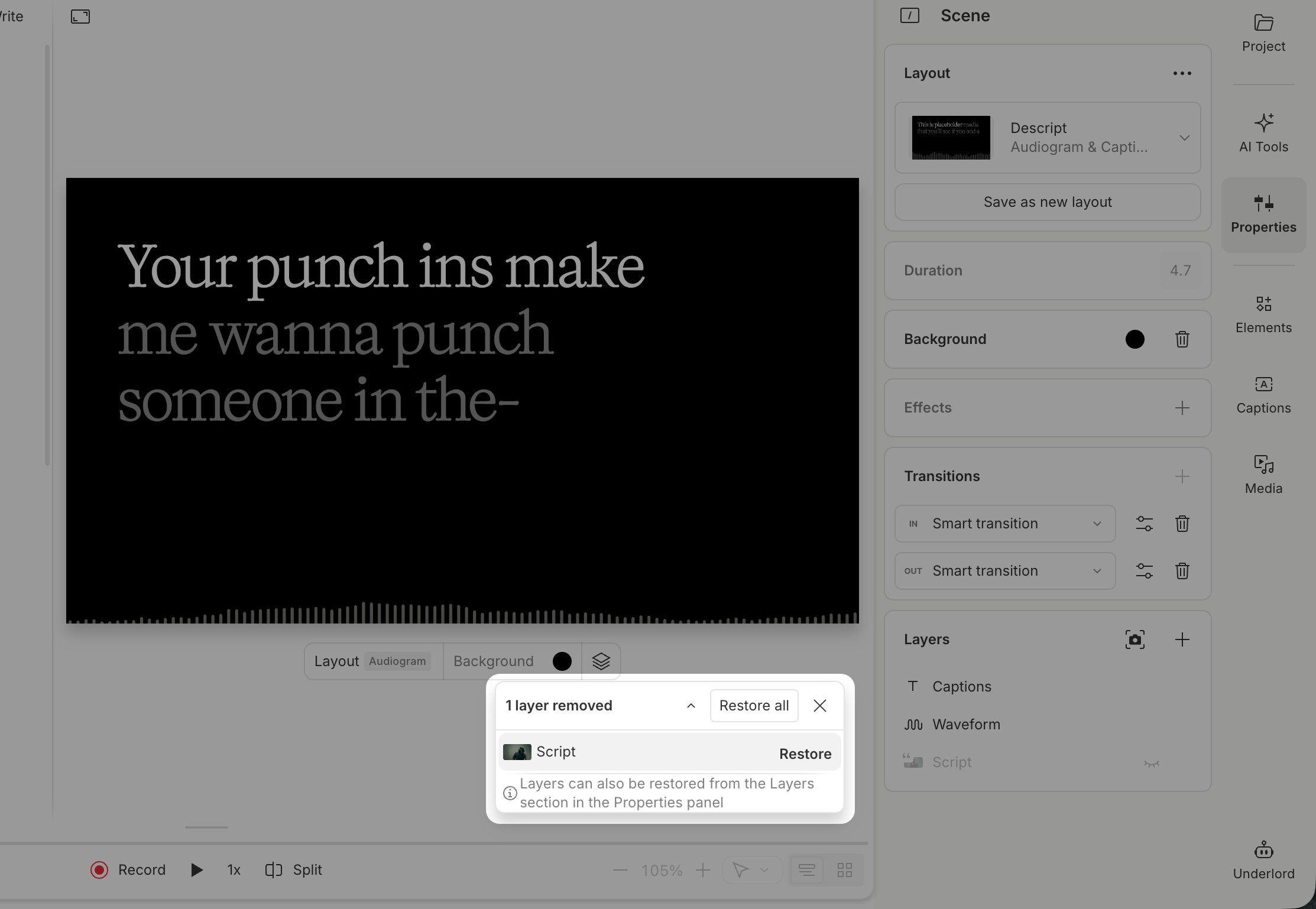 Notification showing removed layers with options to restore individual layers or restore all