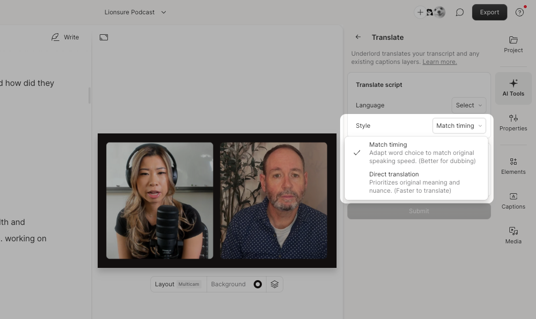 the Translate panel in the Descript editor, with the style dropdown menu expanded to show the Match timing and Direct translation options