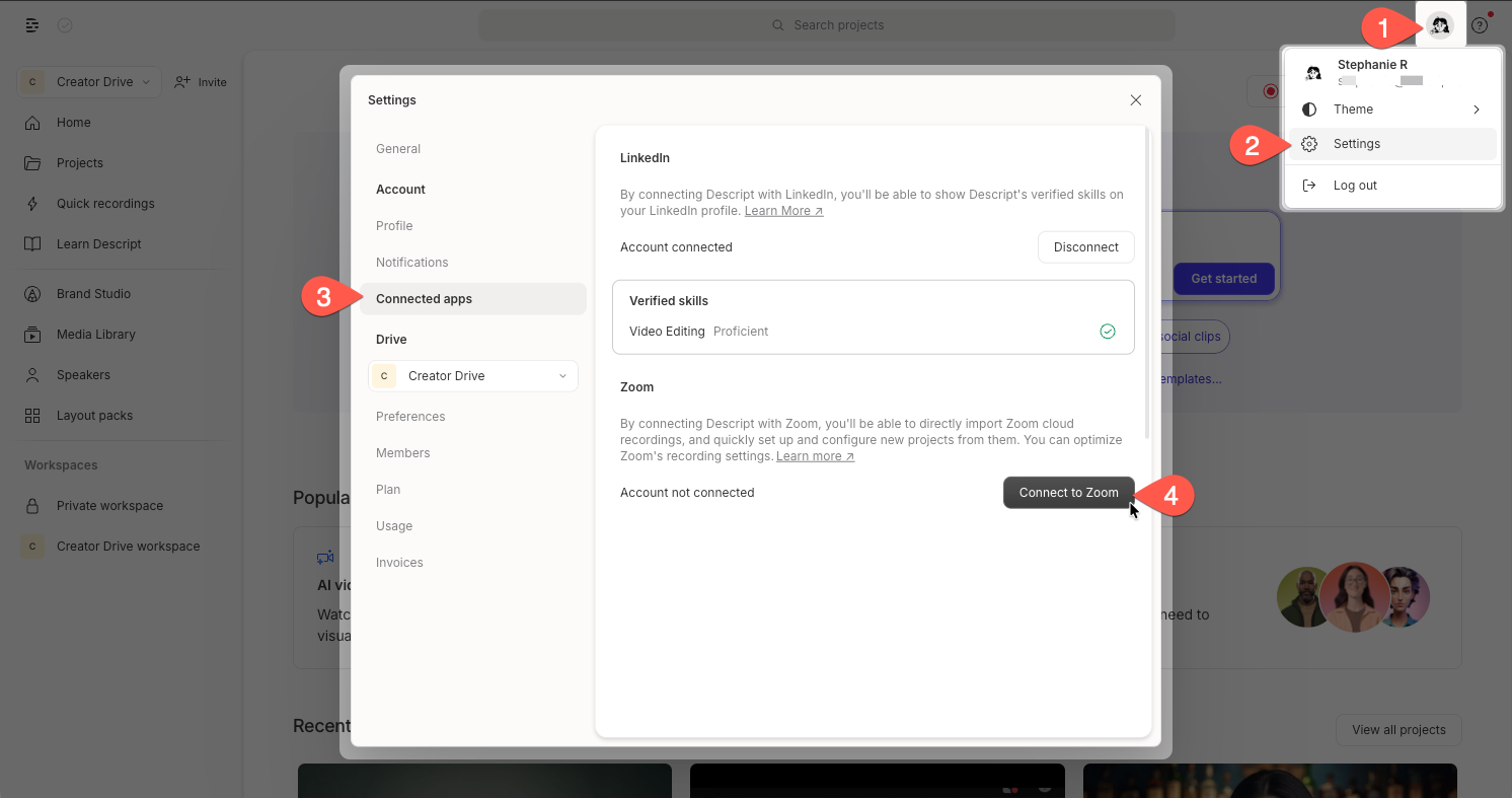Settings page showing the option to connect Descript with Zoom