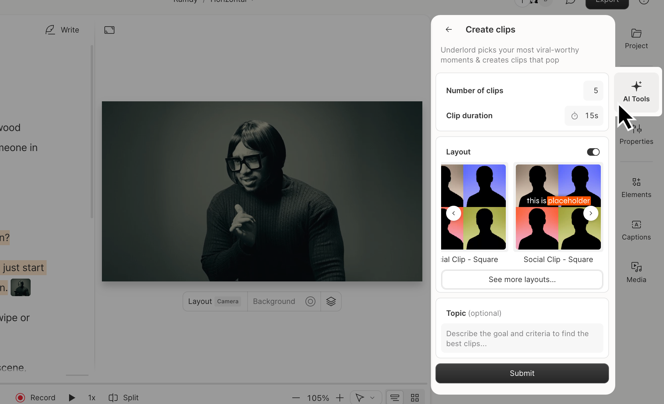 Clips folder created in the project panel after generating clips