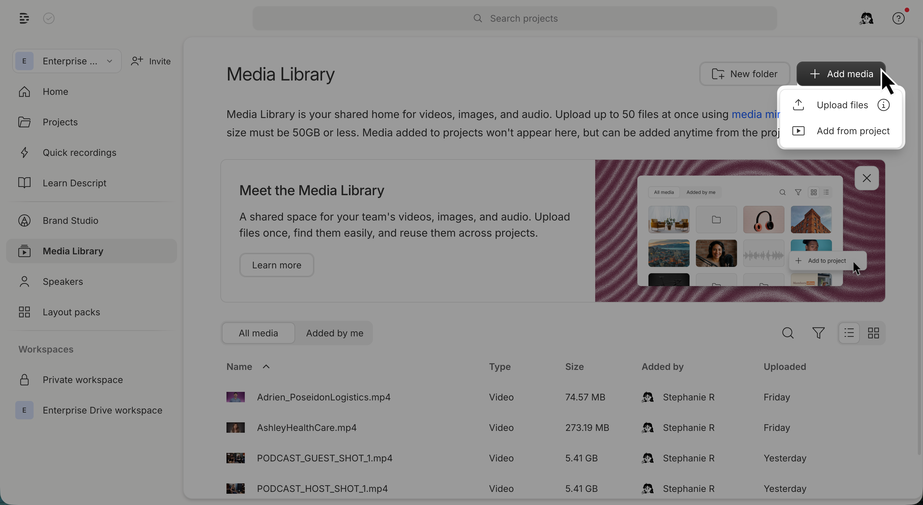 Screenshot of the Media Library tab in the Drive view, with the Add File submenu open