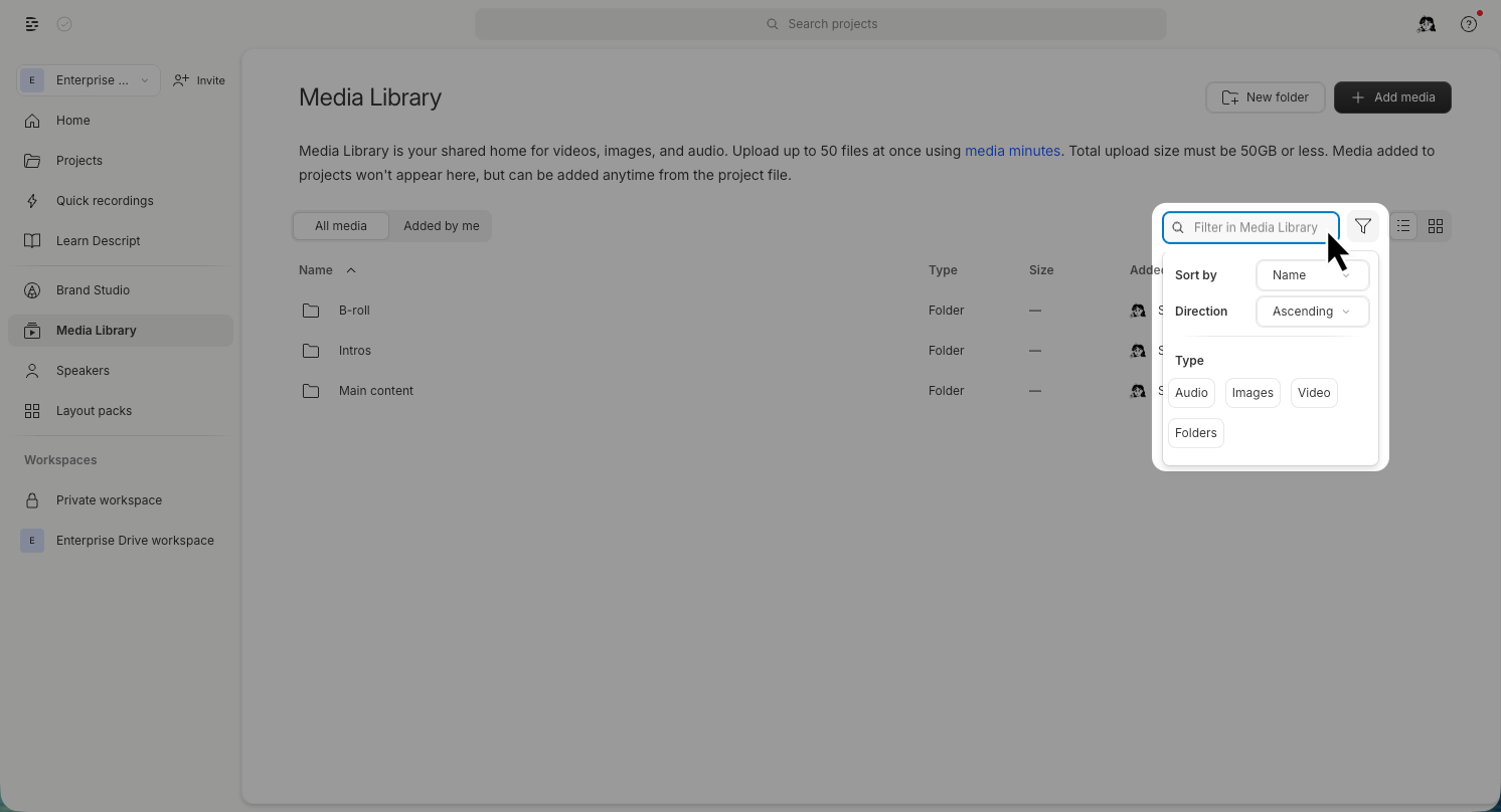 Search bar and filter options in the Media Library
