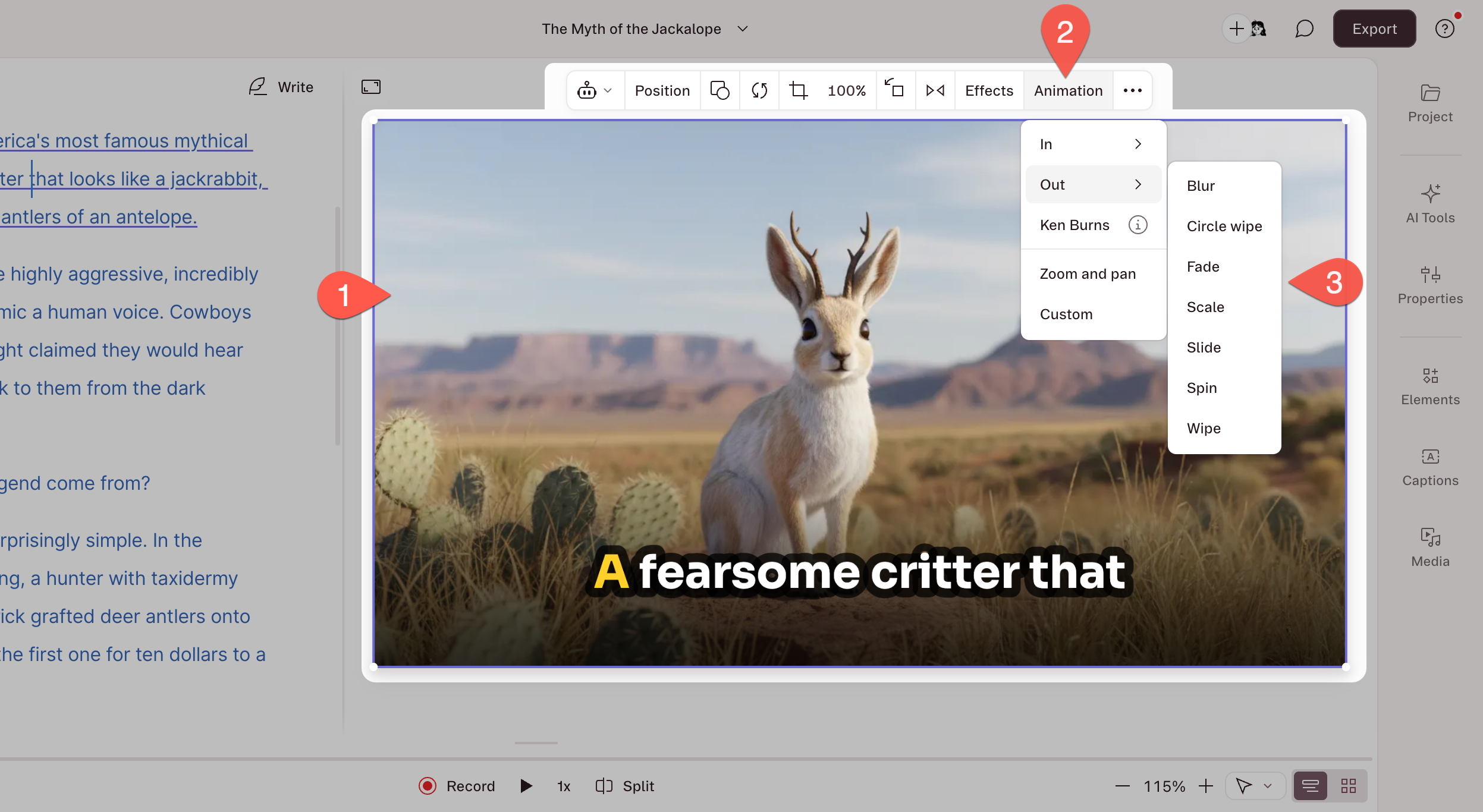 Animation button in hover menu
