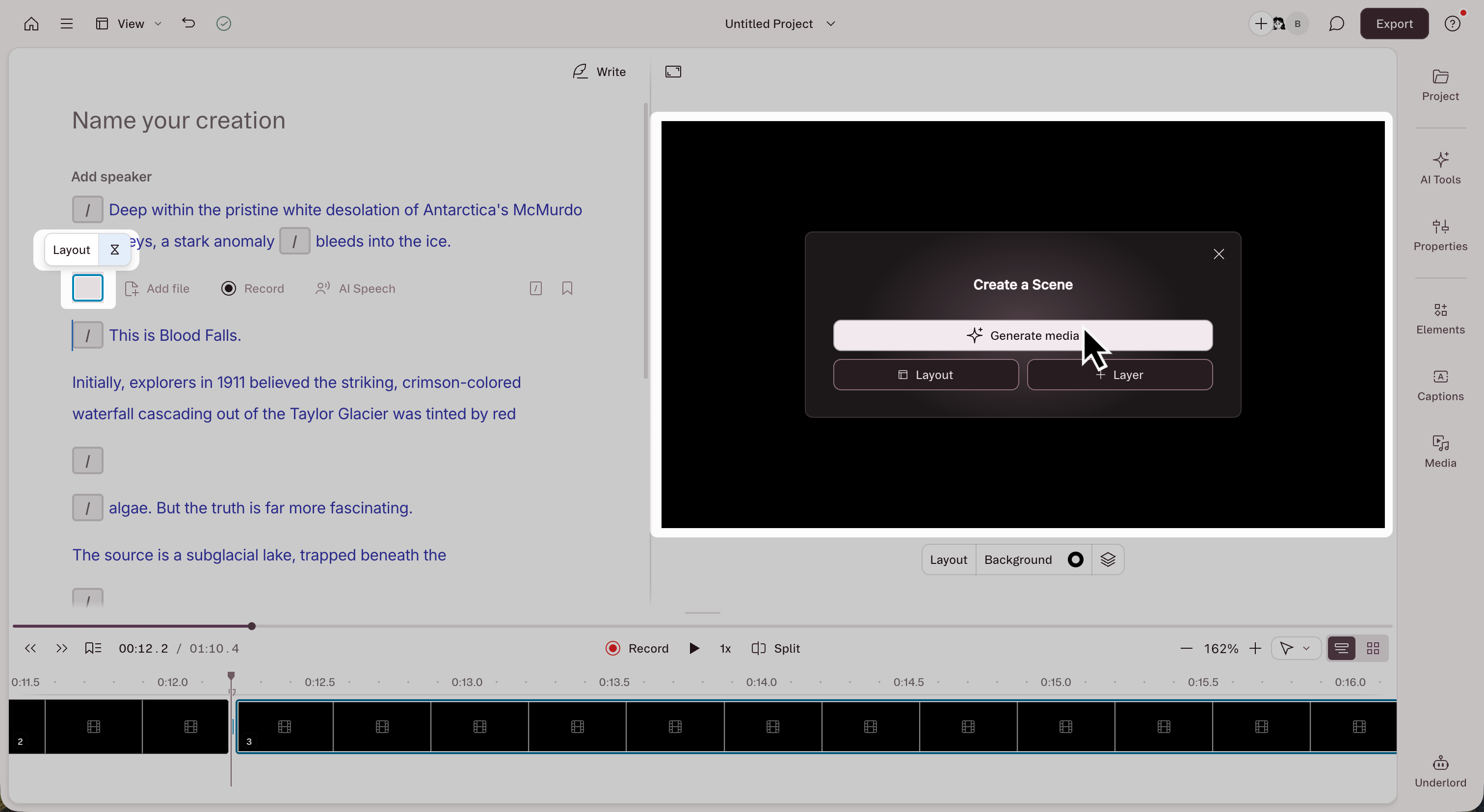 Generate button on an empty scene canvas