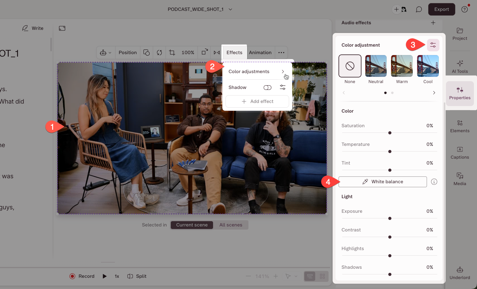 White Balance picker tool in the Color Adjustments panel