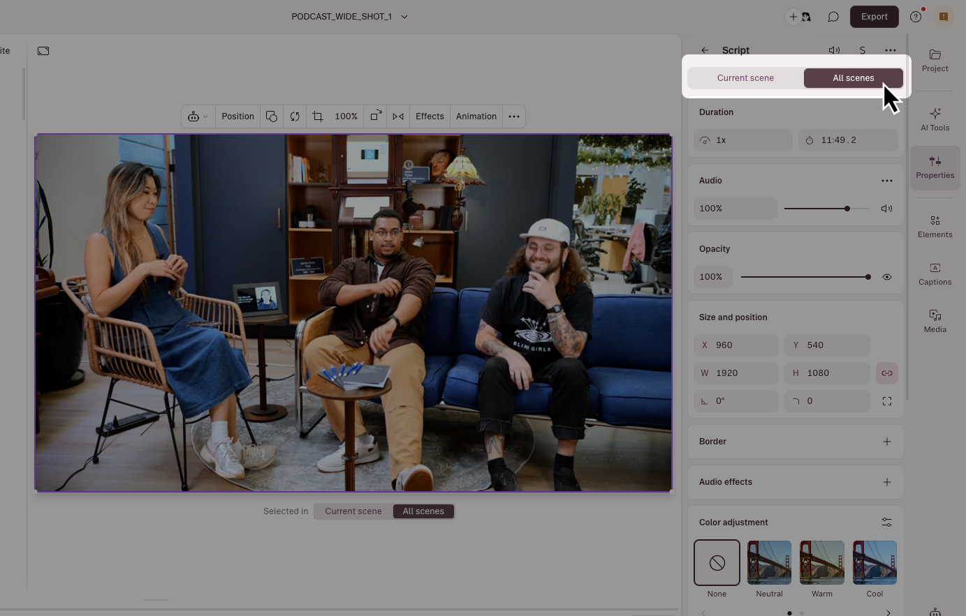 All Scenes toggle in the Properties Panel
