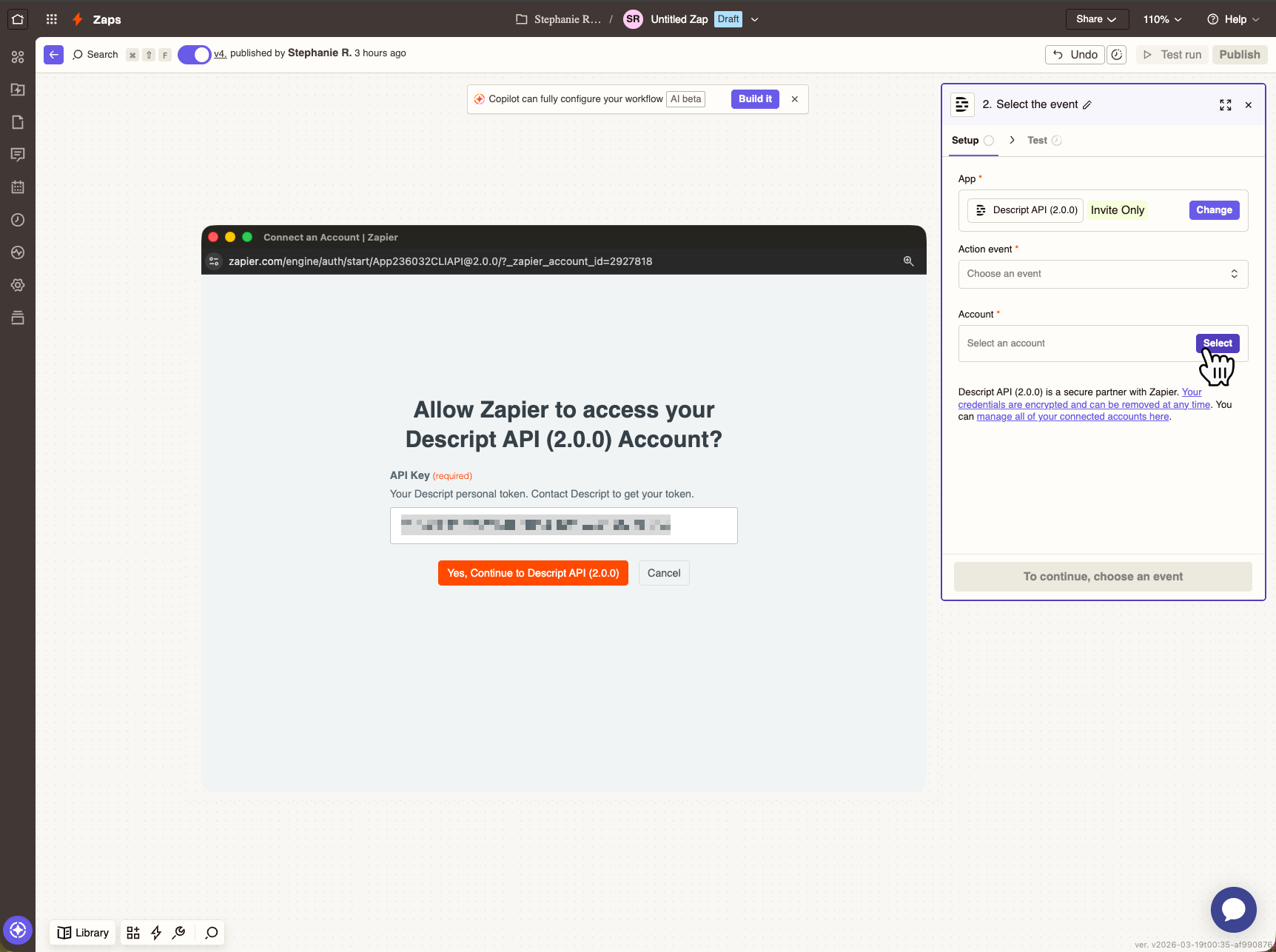 The Account field in Zapier where you enter your Descript API token