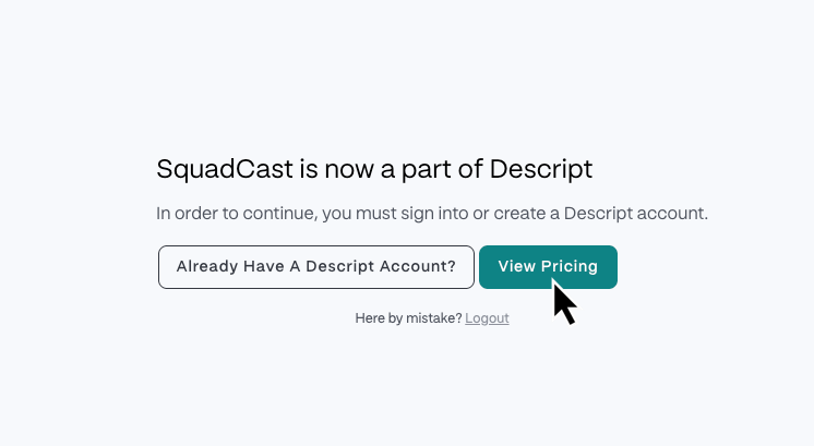 SquadCast subscription pricing view in Descript