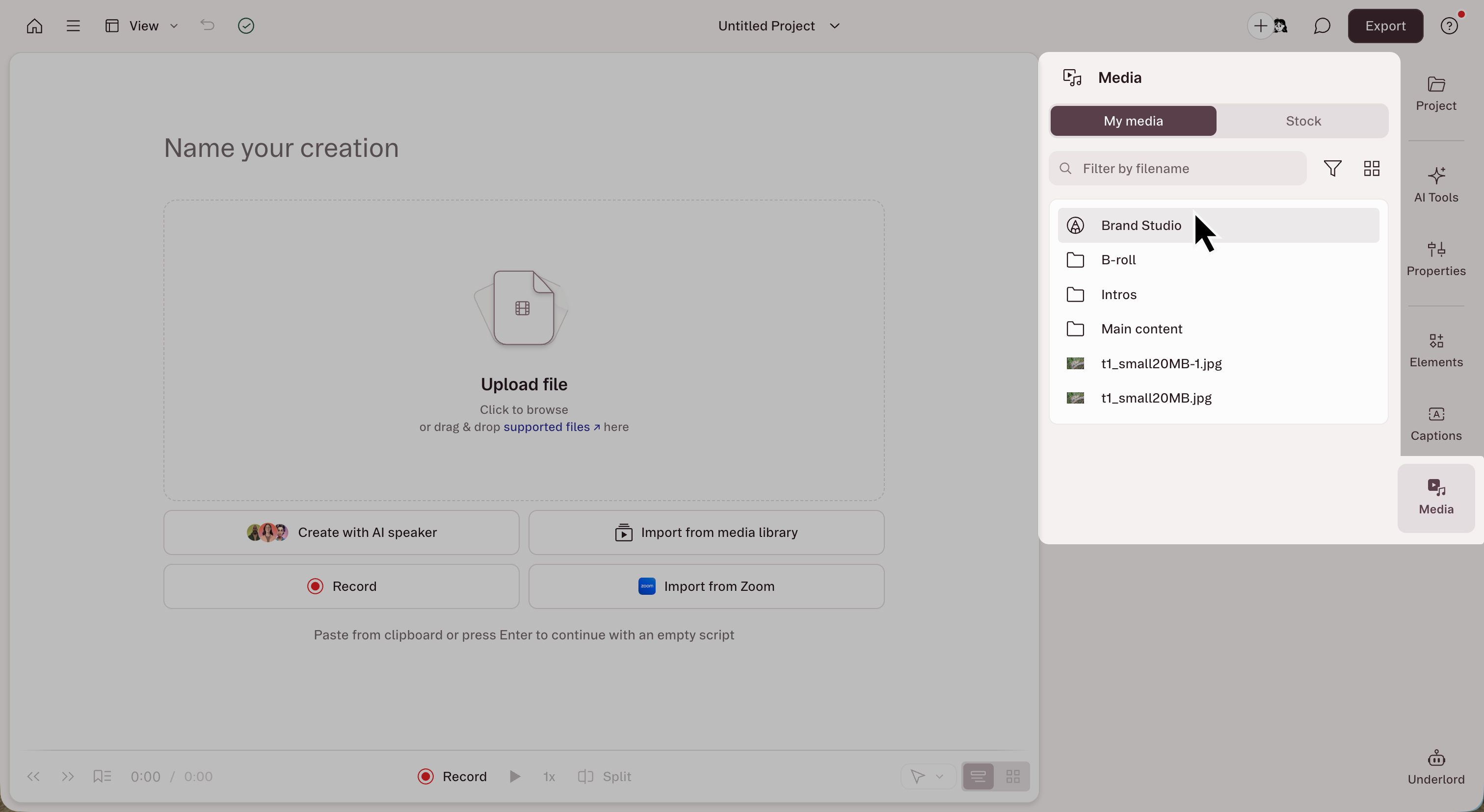 Brand Studio media panel in Descript