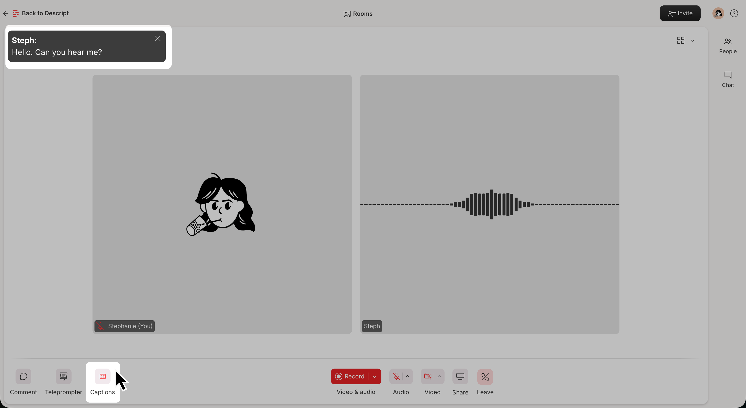 Captions displayed in the Rooms interface