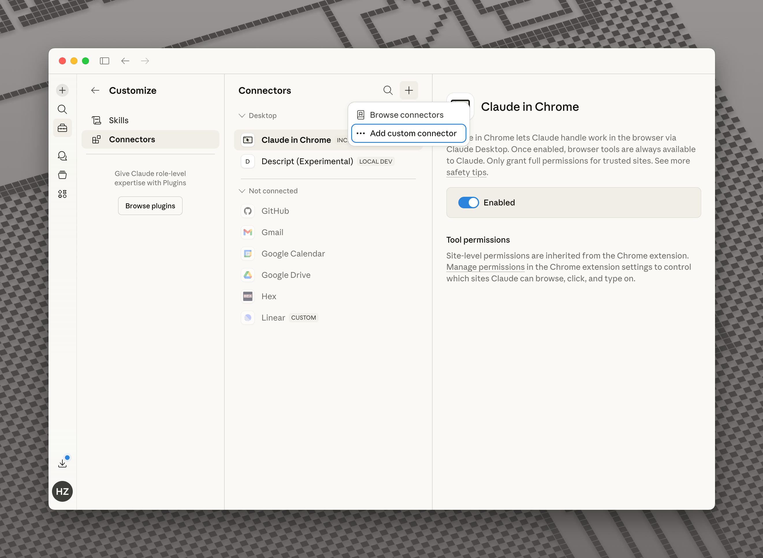 Claude's Customize menu open to Connectors with the plus button highlighted