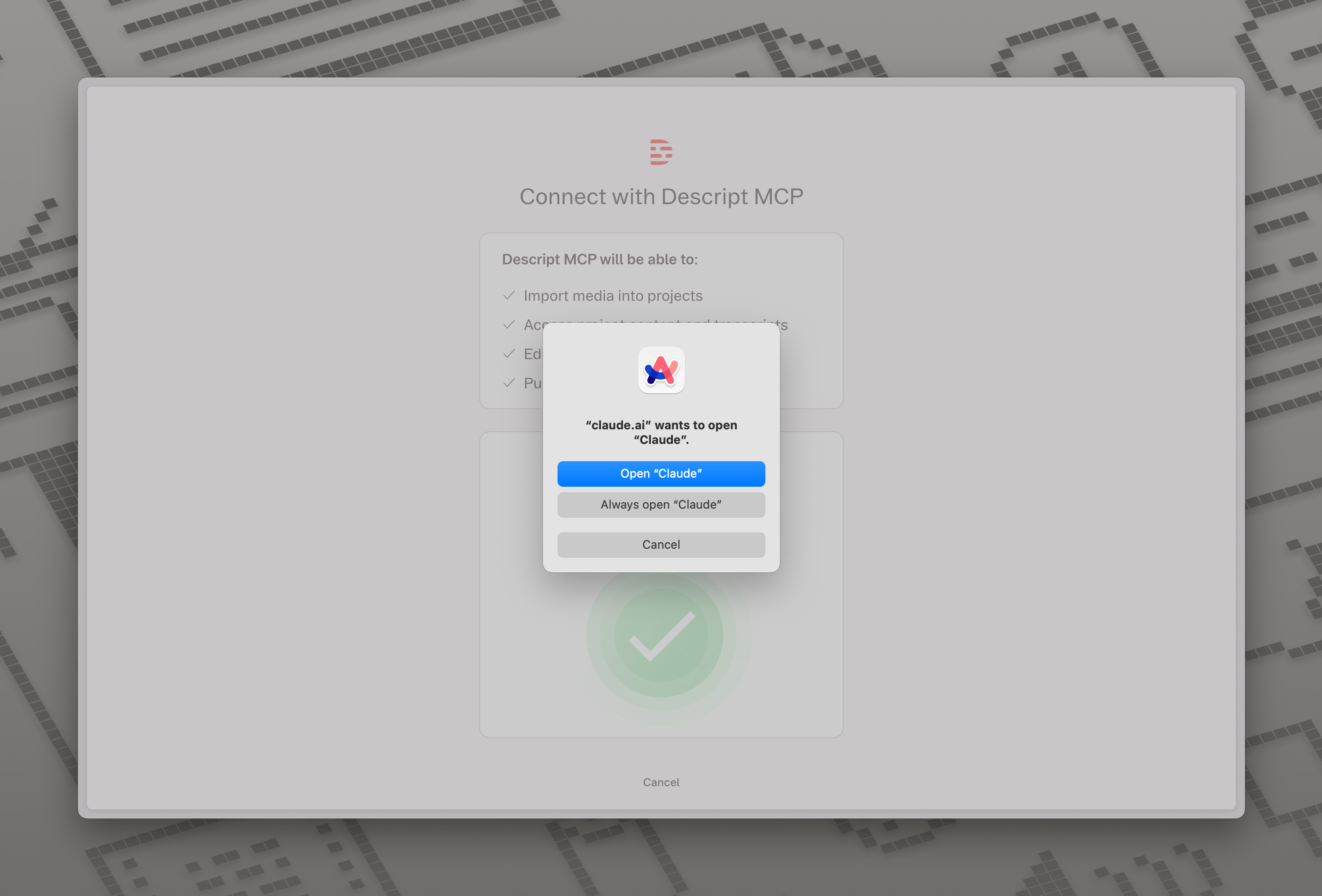 Claude interface showing Descript successfully connected