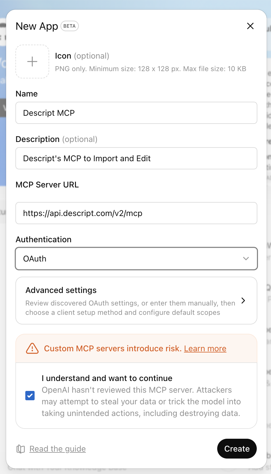 ChatGPT custom app form with MCP URL, OAuth, and checkbox filled in