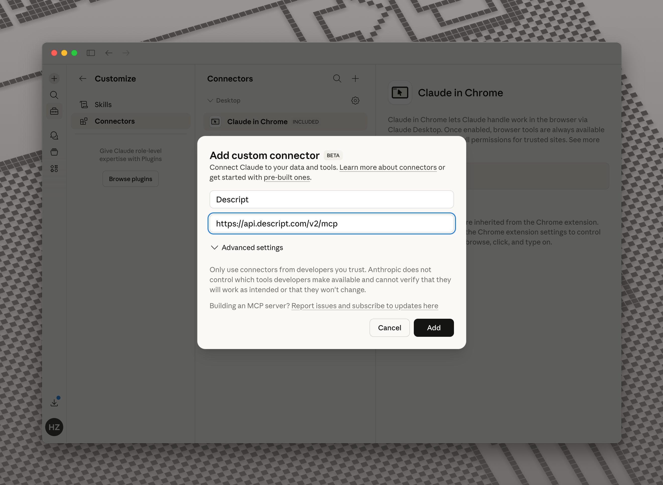 Custom connector form with Descript name and MCP URL filled in