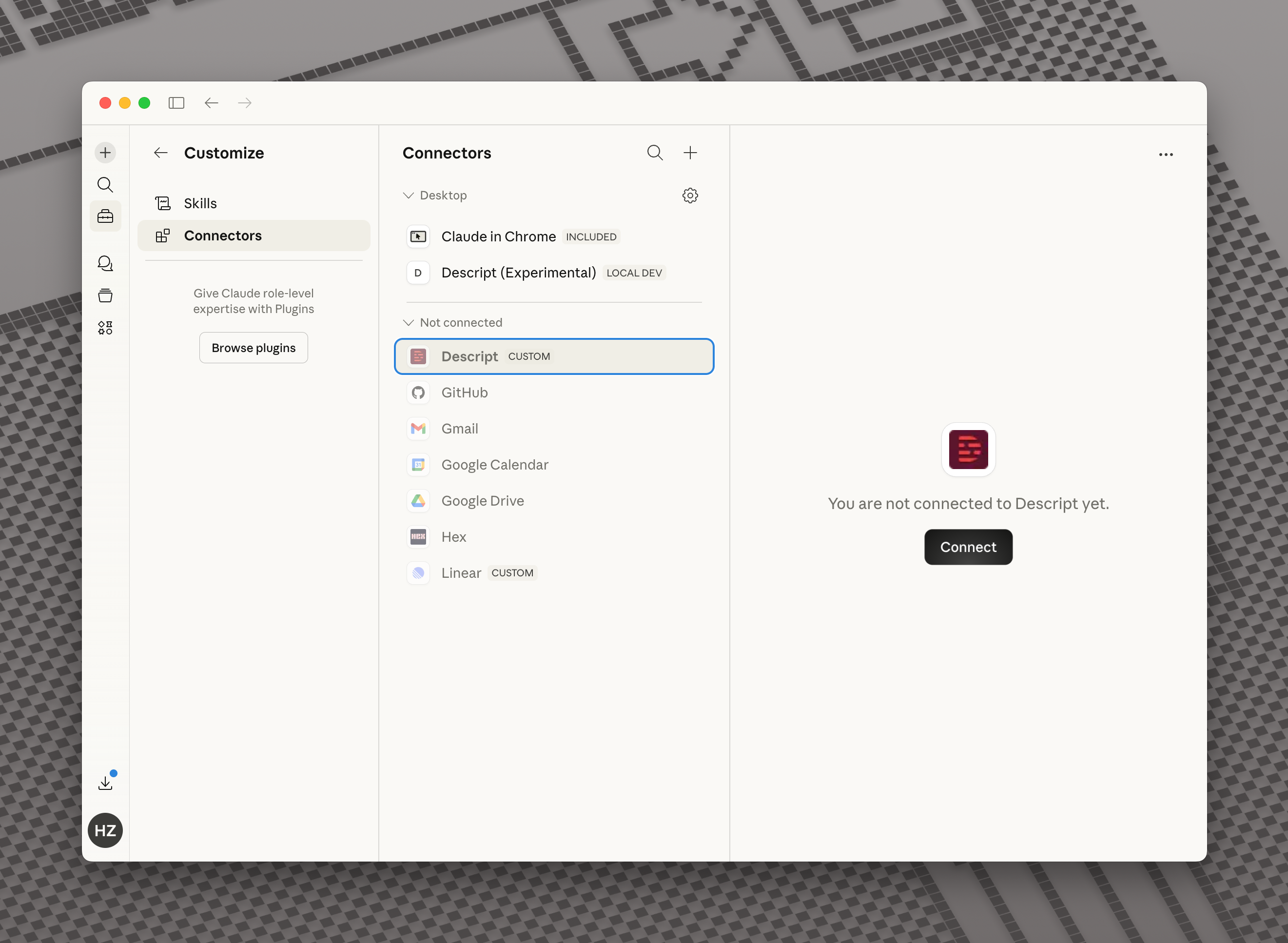 Descript listed under Not connected with the Connect button