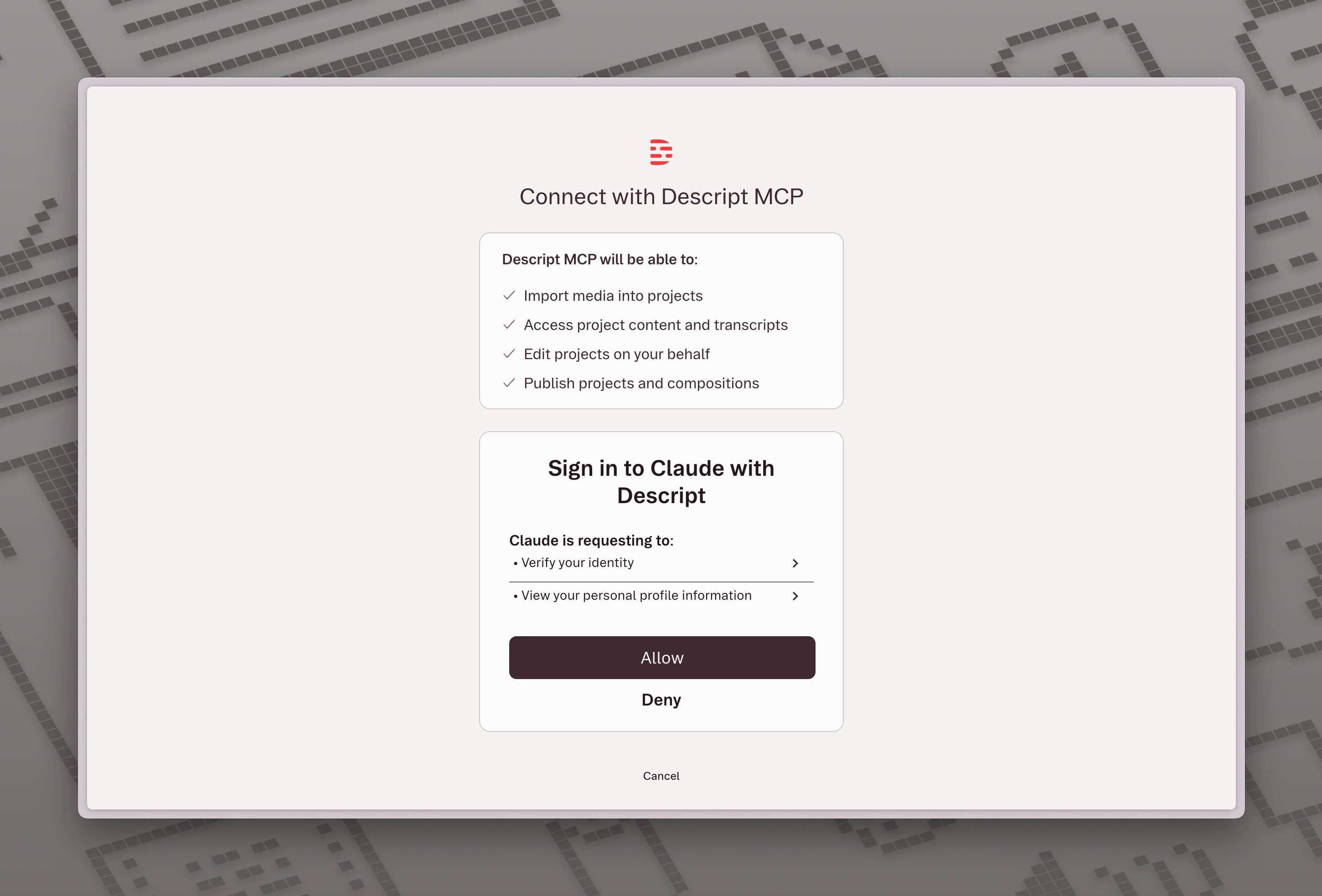 Descript authorization screen with the Allow button