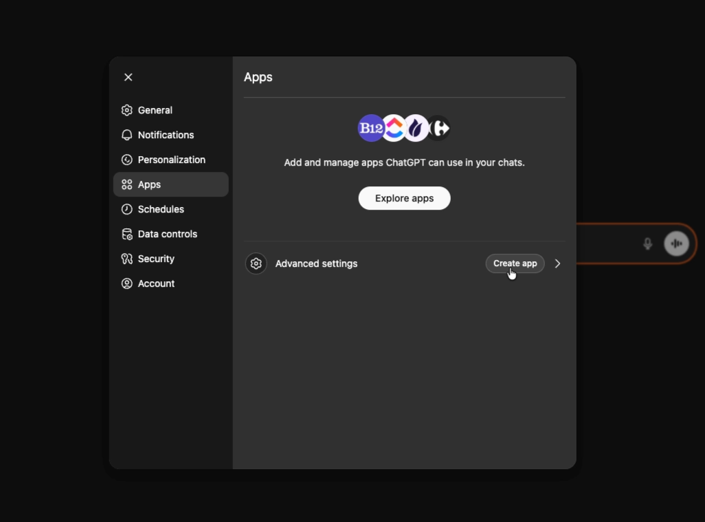 ChatGPT Settings page open to the Apps tab with Create app button