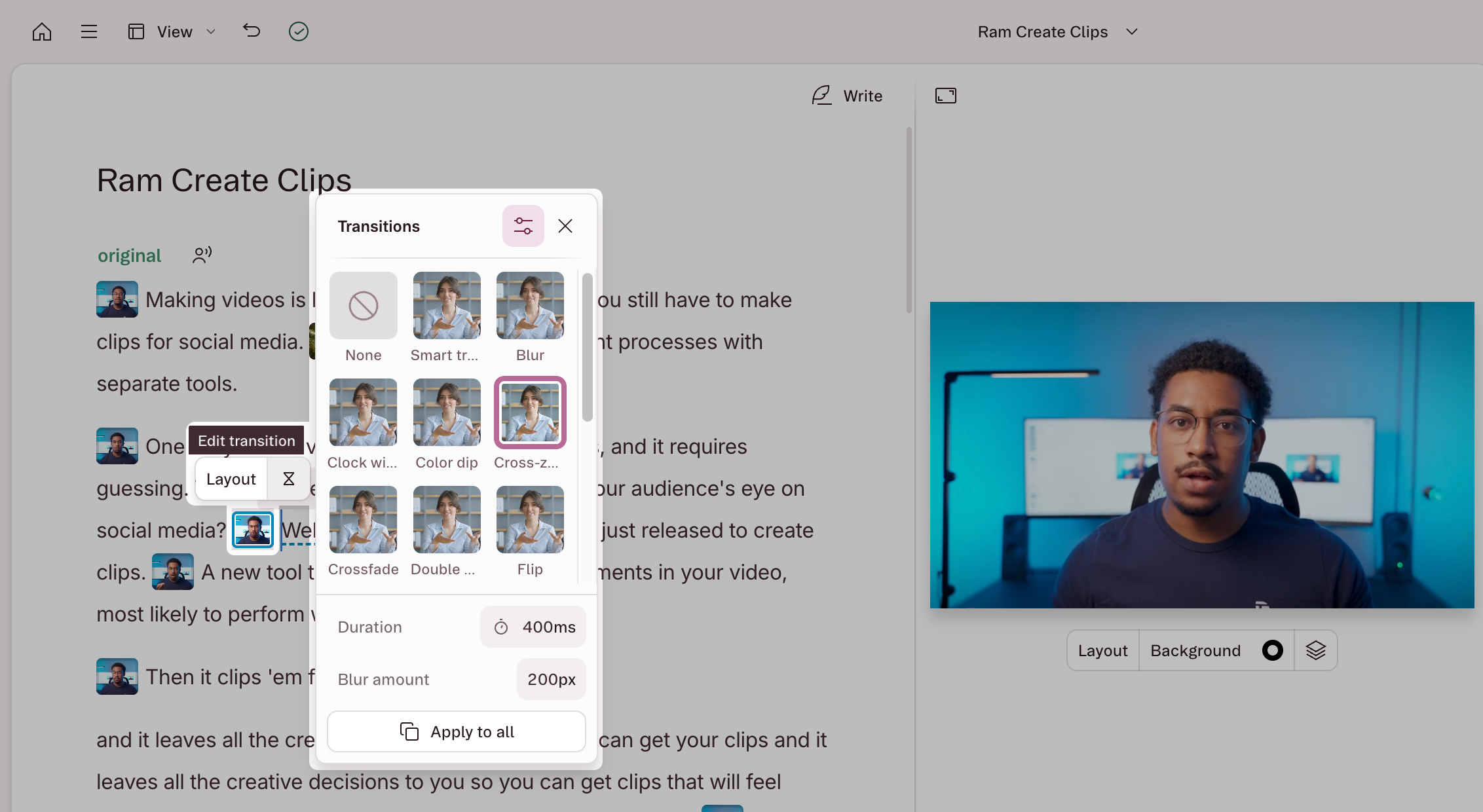 The transitions picker grid in Descript showing available transition thumbnails