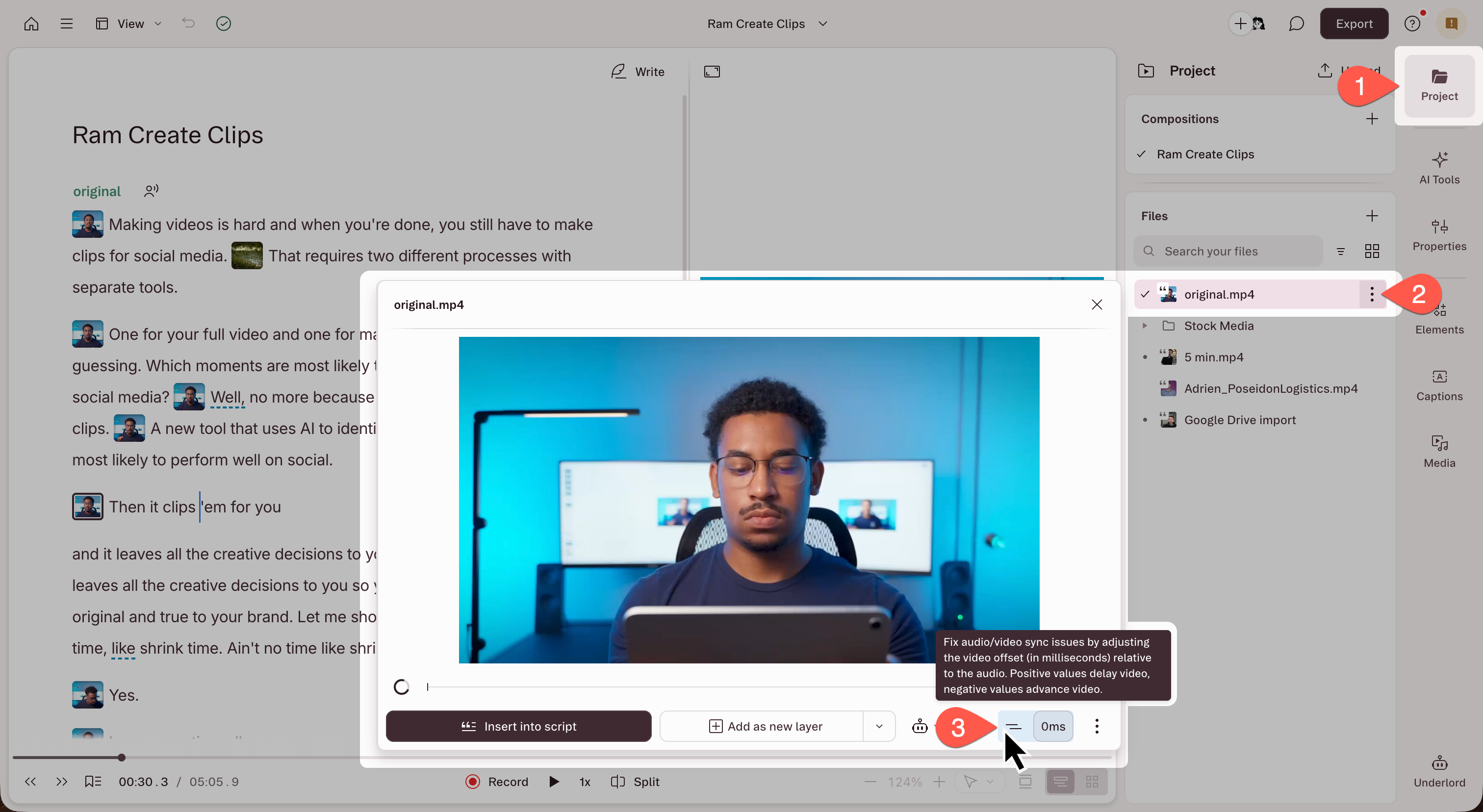 A/V sync offset slider in the file preview modal