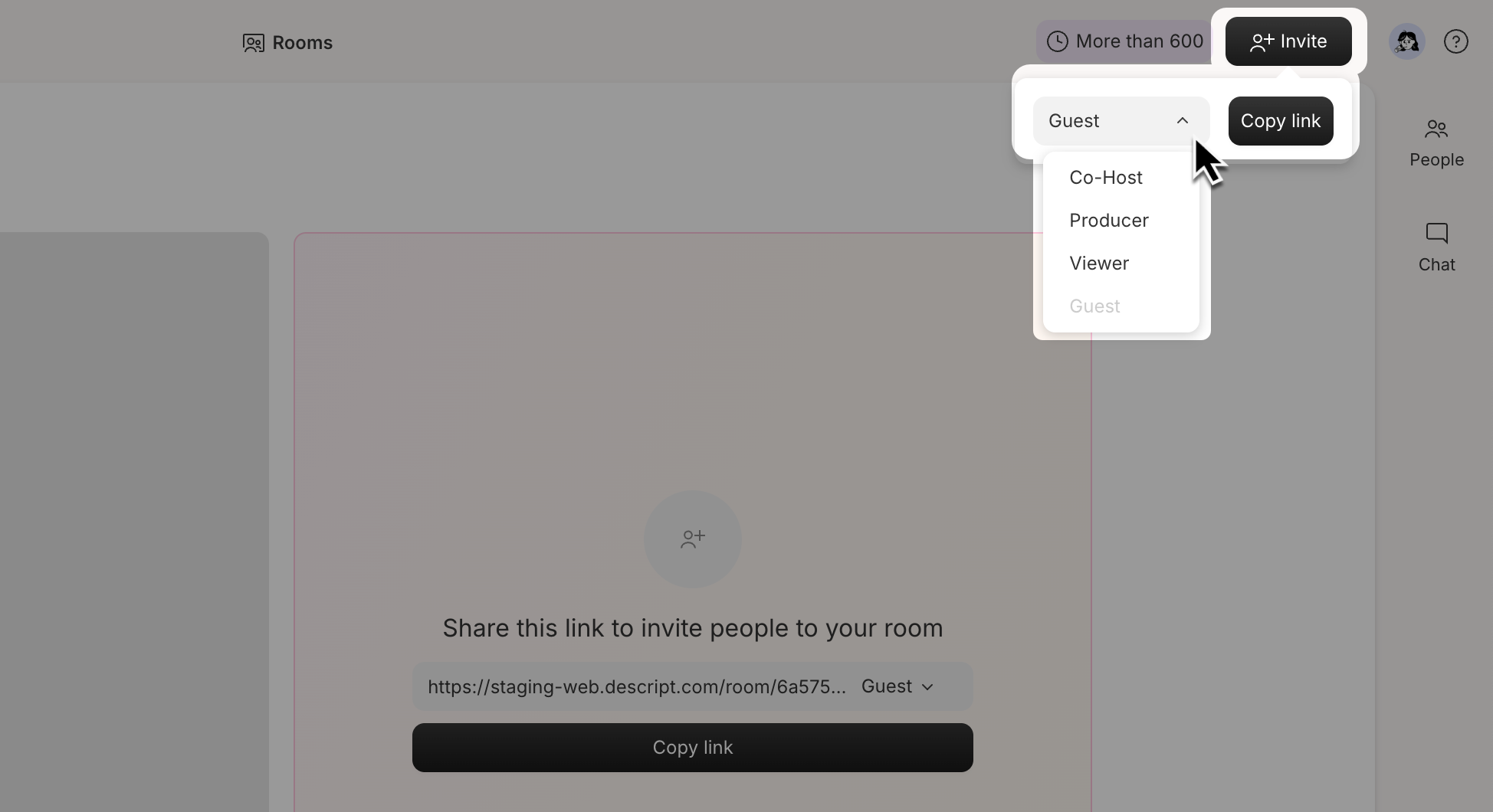 Rooms invite panel showing the invite link and role-specific link options
