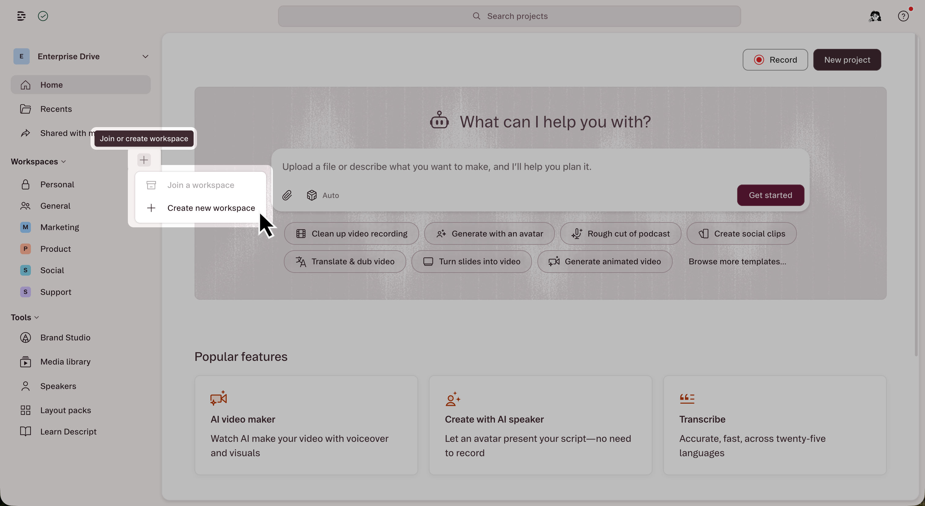 The Create new workspace option in the drive view sidebar