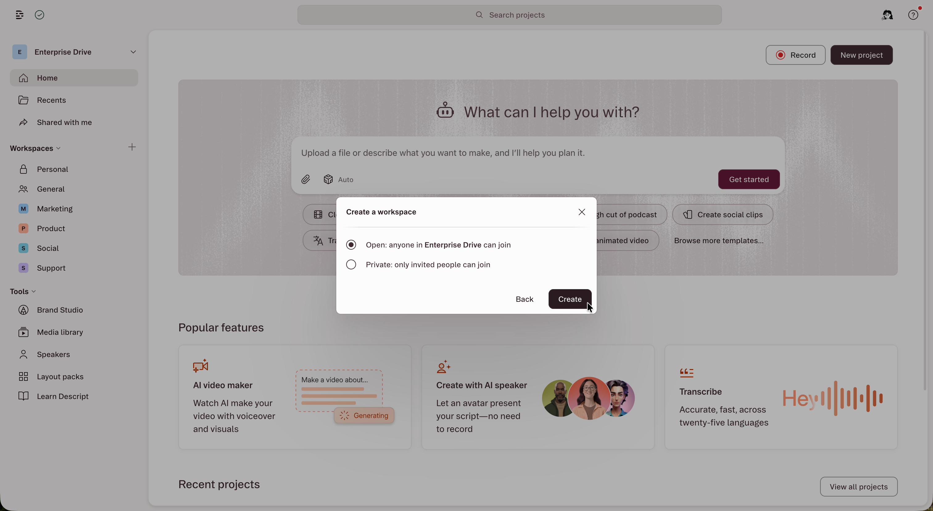 Workspace creation dialog showing open and private visibility options