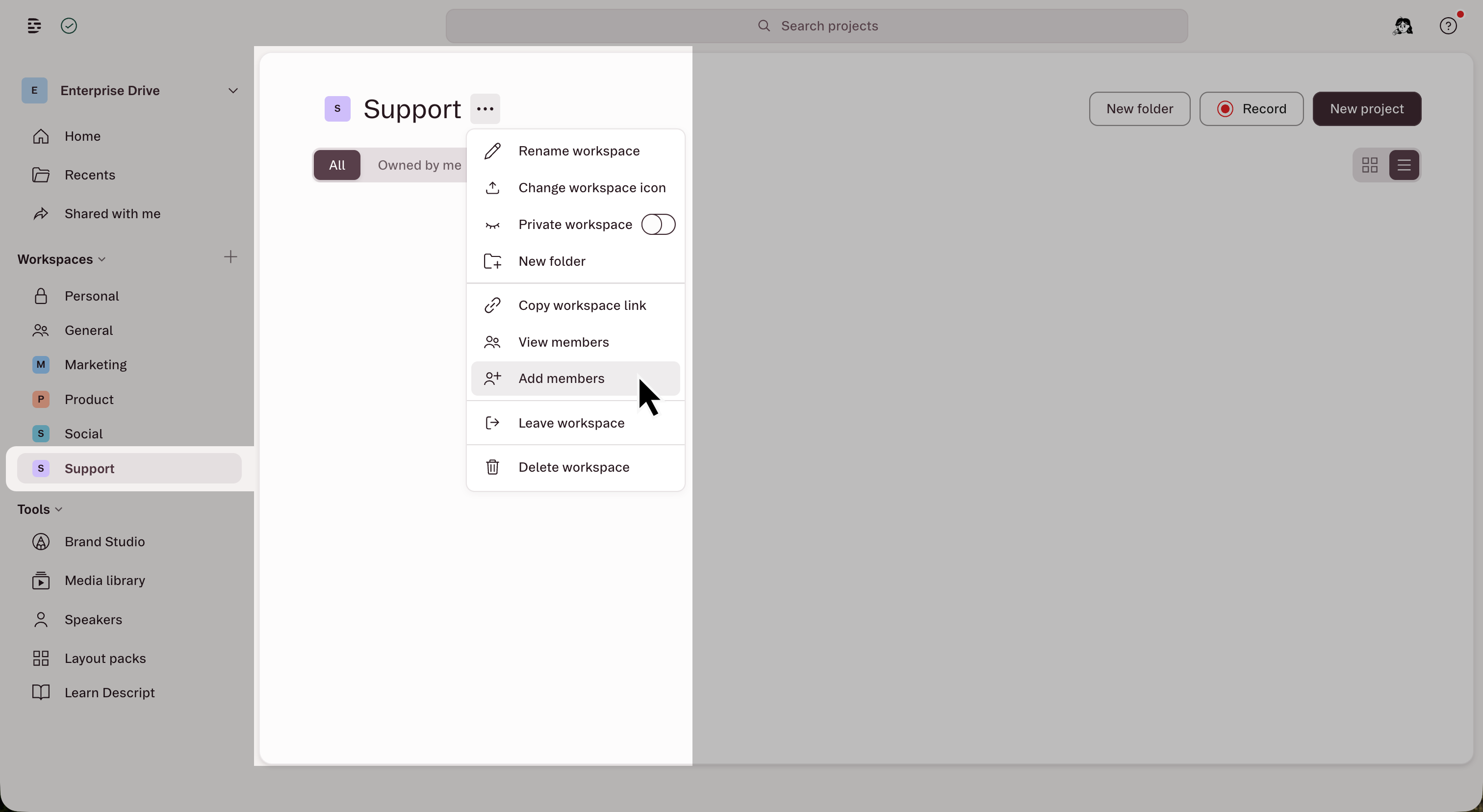 Adding members to a workspace from the workspace menu