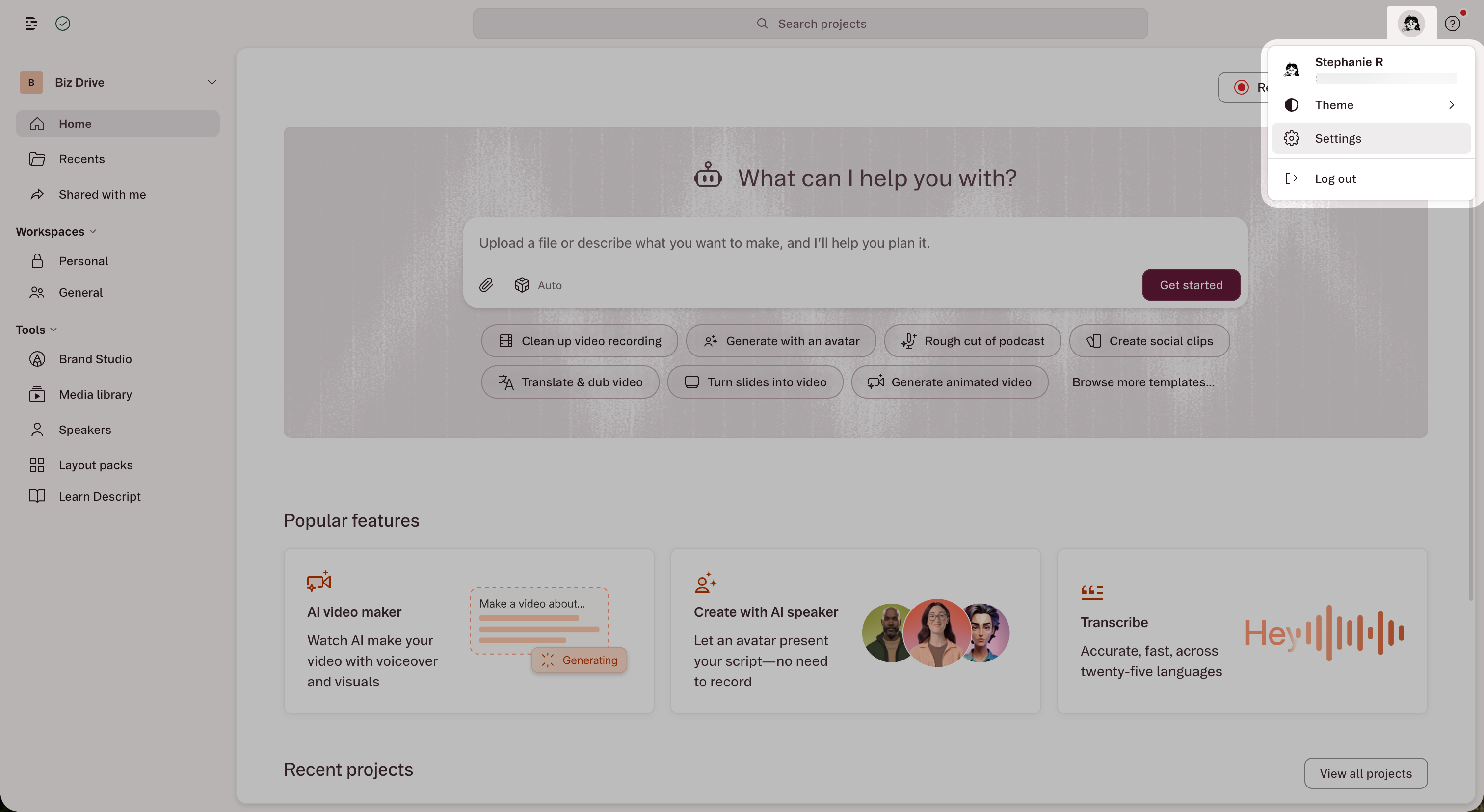 Opening Settings from the profile icon in the drive view header