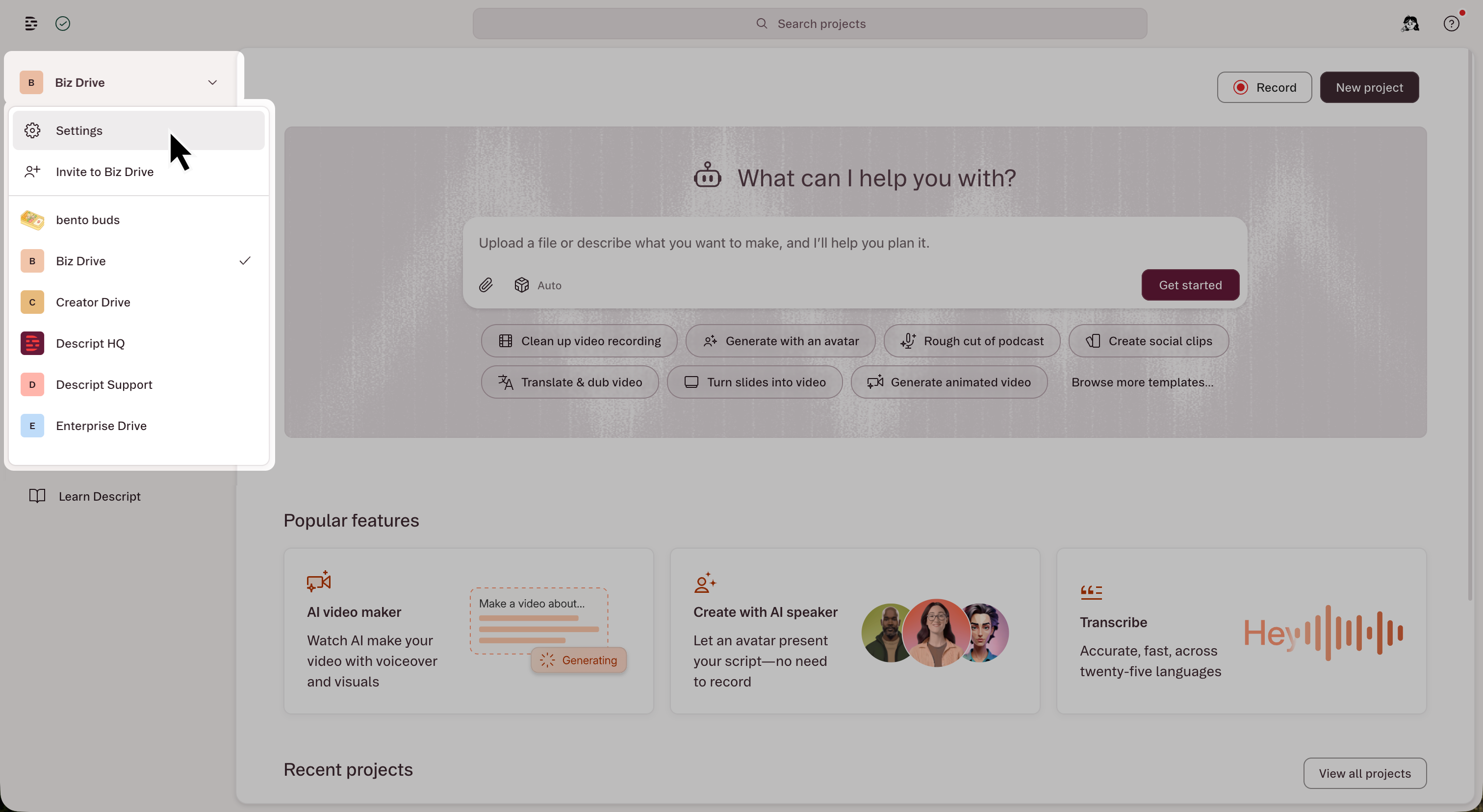 Opening Settings from the drive selector in the drive view