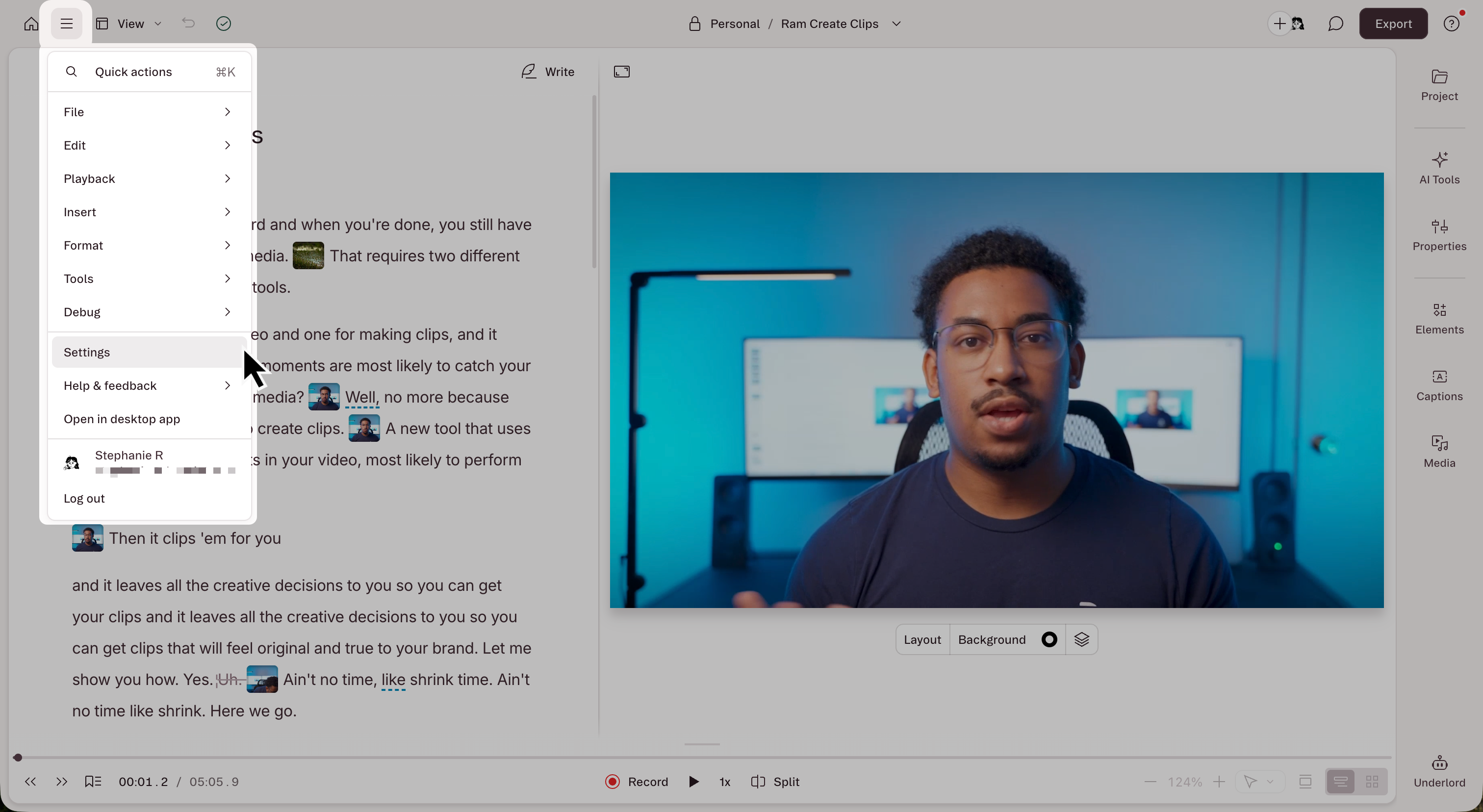 Opening Settings from the editor menu in an open project