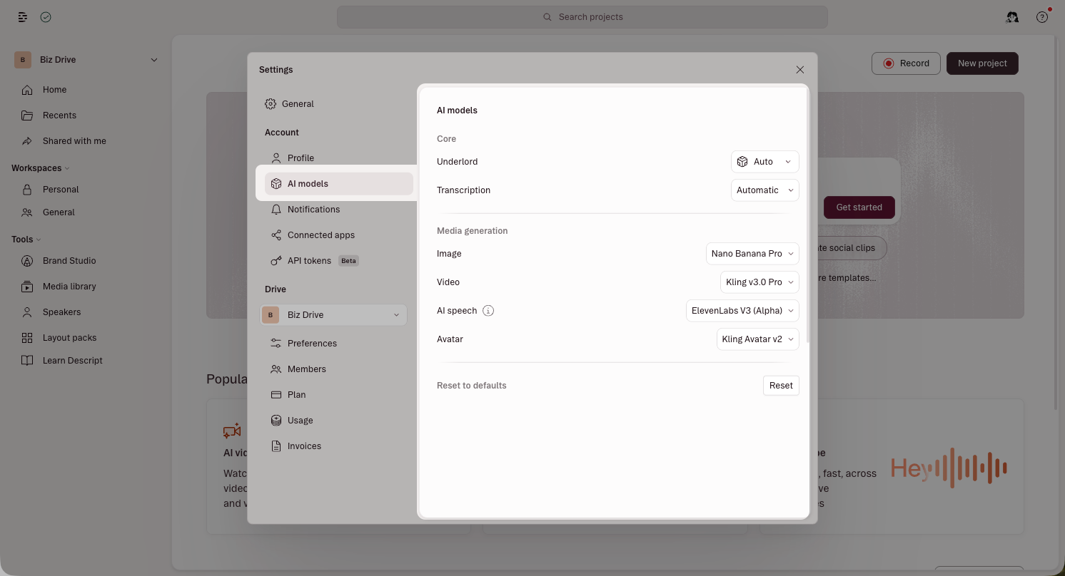The AI models settings panel showing model selection for Underlord, Transcription, and generative media