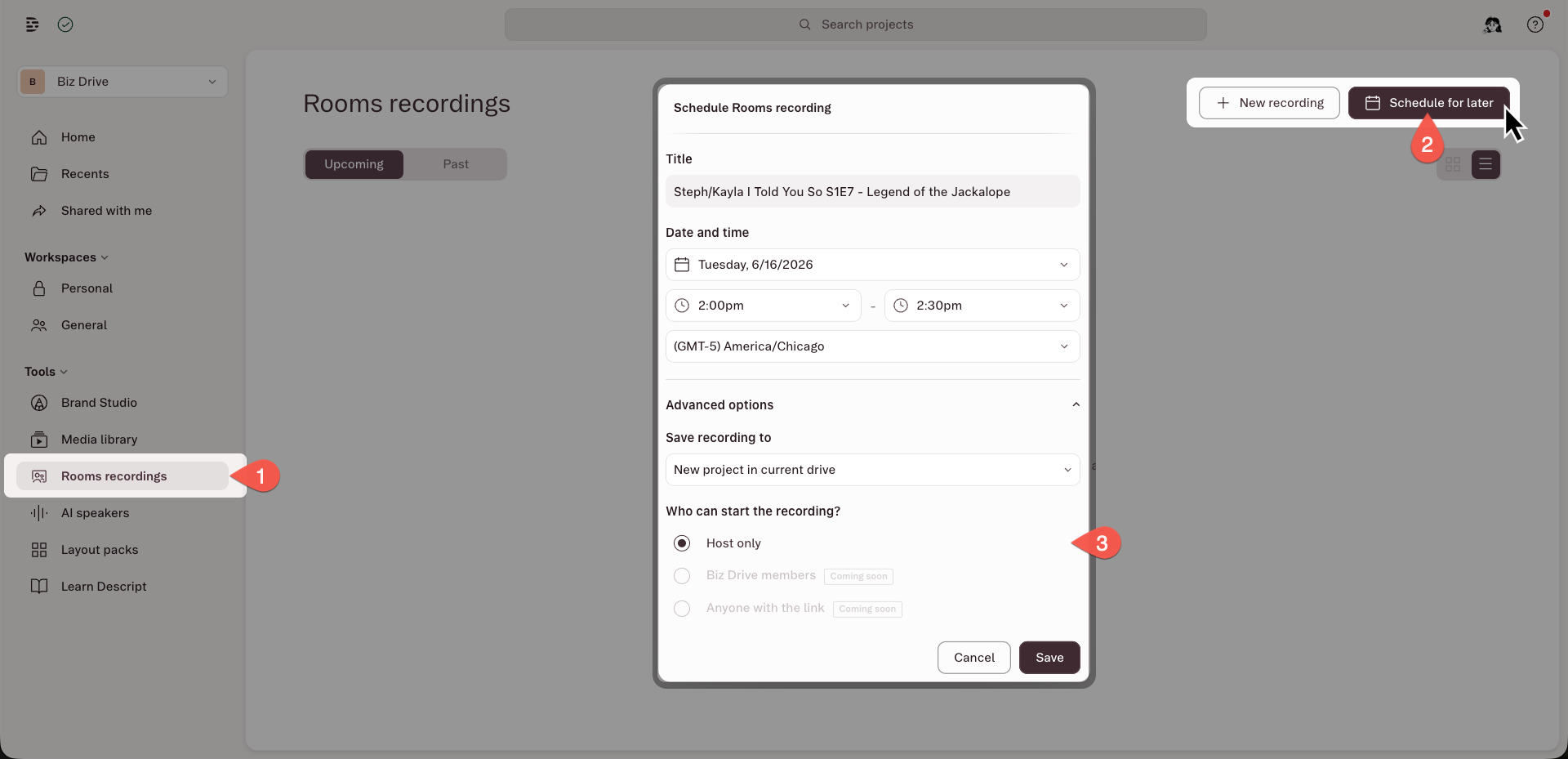 Scheduling window for a Rooms session