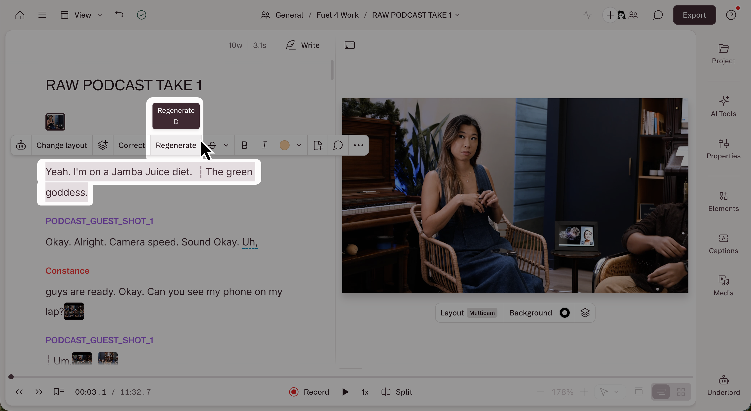 Selected script text with the Regenerate button in the toolbar