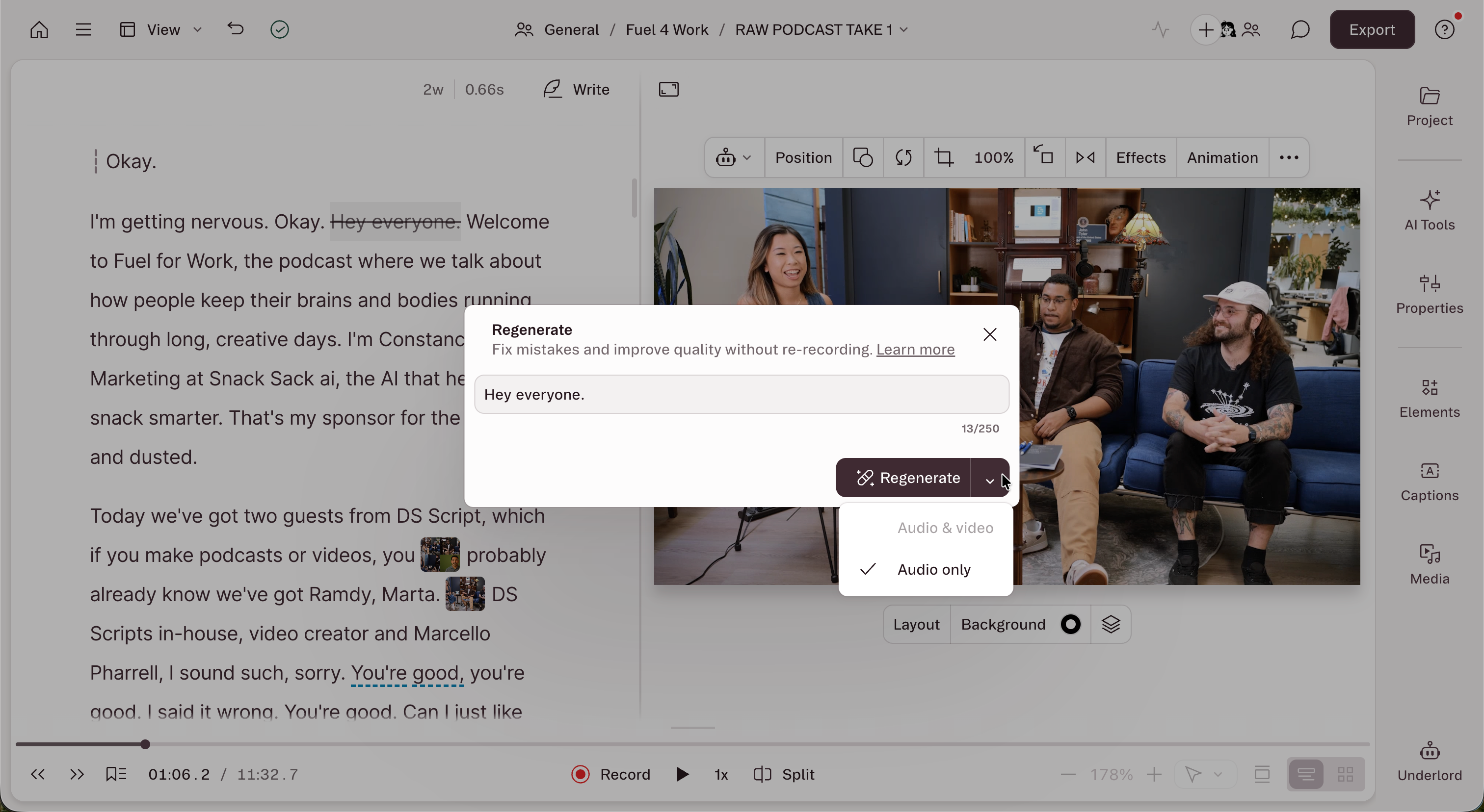 Regenerate dropdown menu in Descript