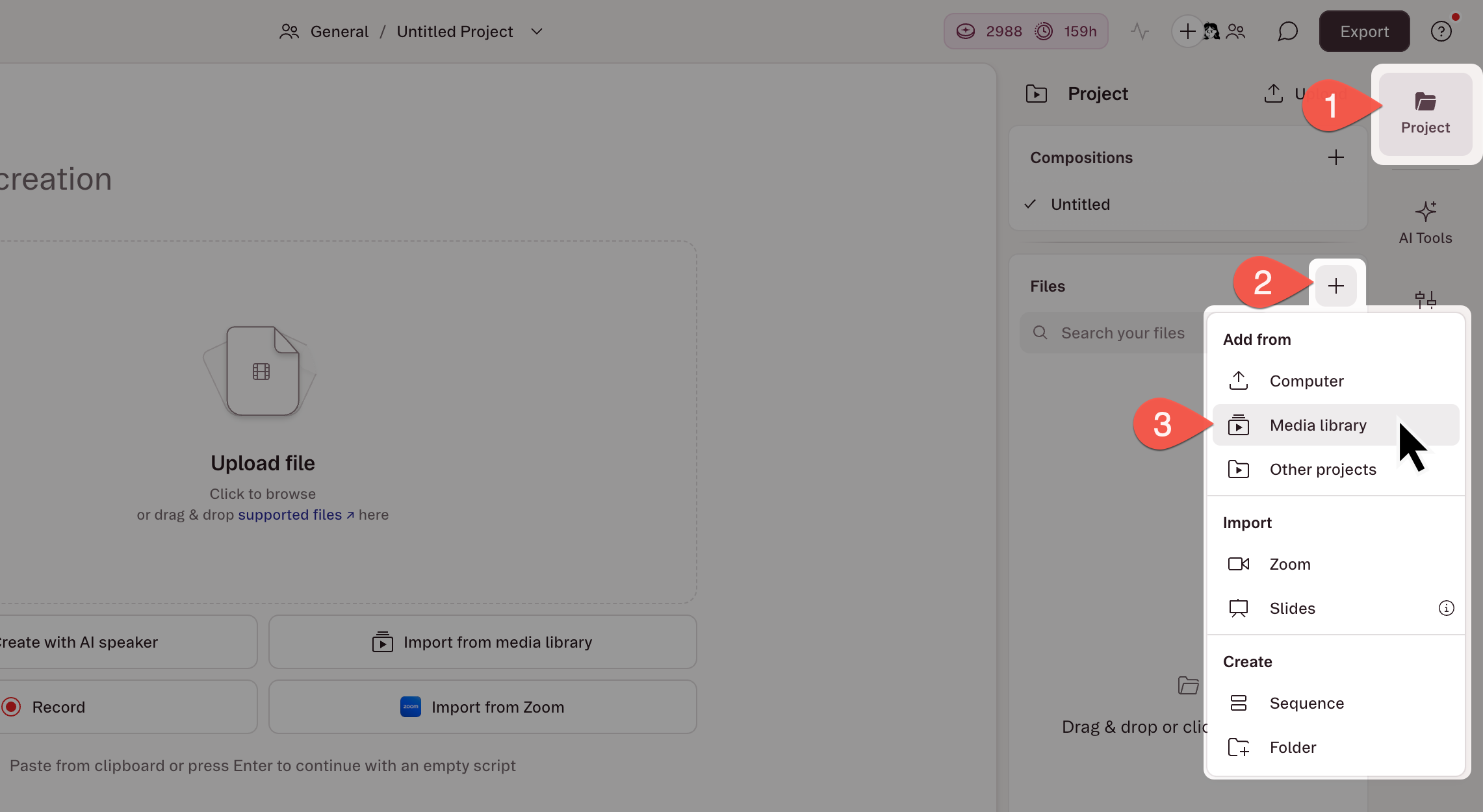 The Project panel in the Descript editor, with the Add Files menu open and  the Media Library option selected